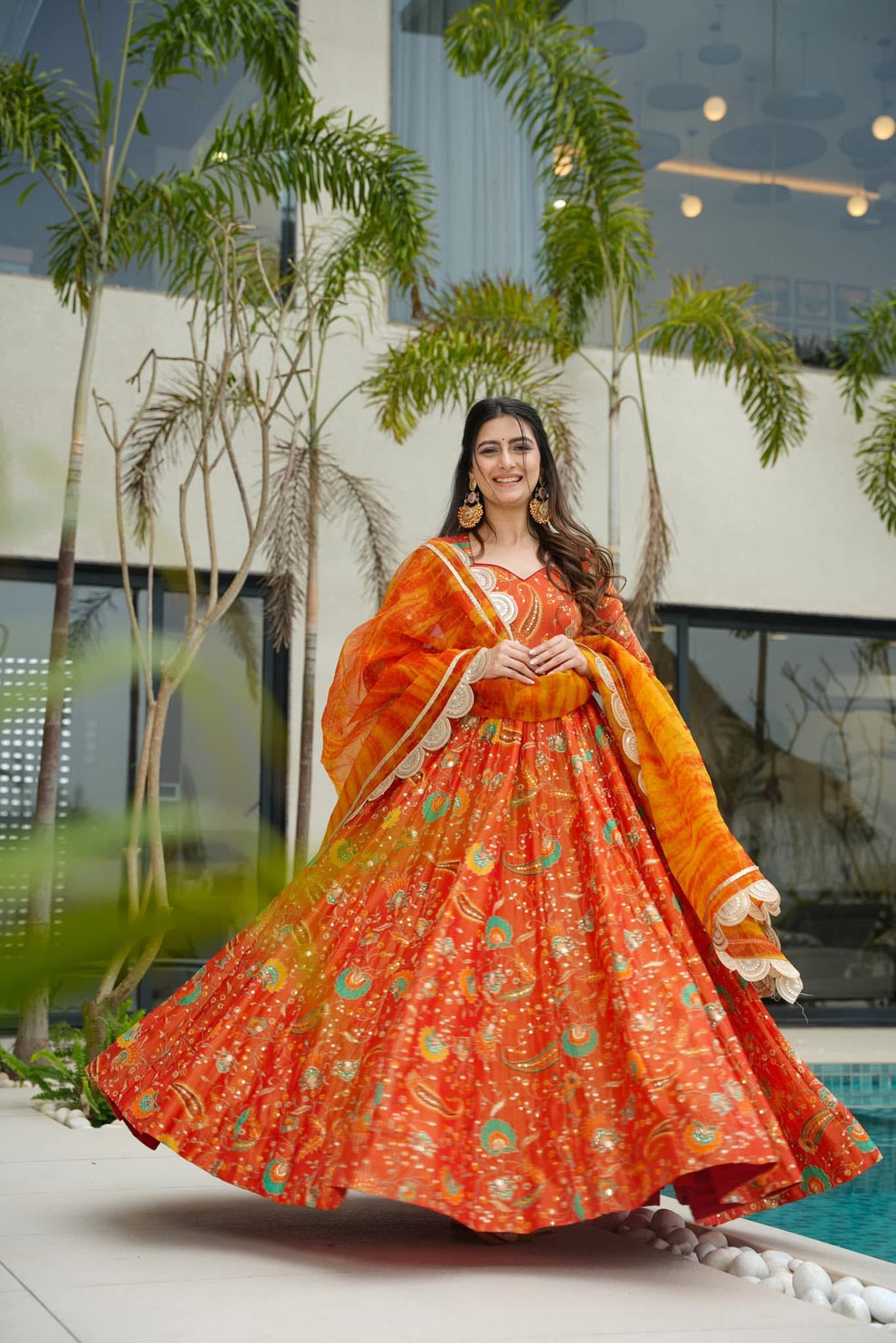 Traditional Orange Anarkali Gown set 