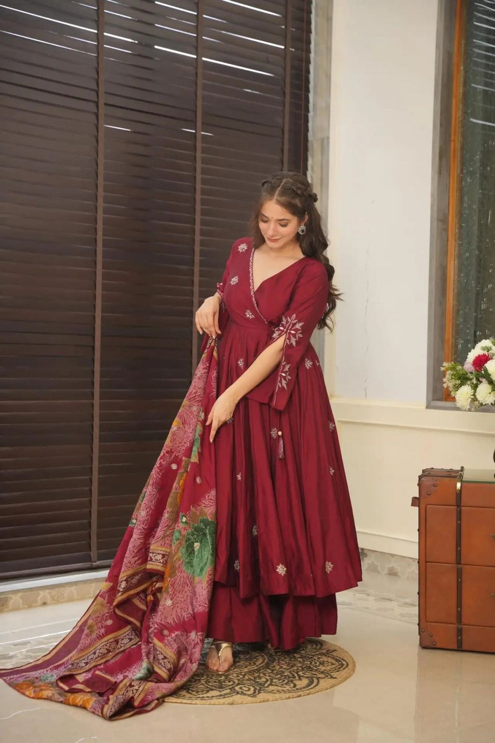 Traditional Maroon Anarkali gown Set