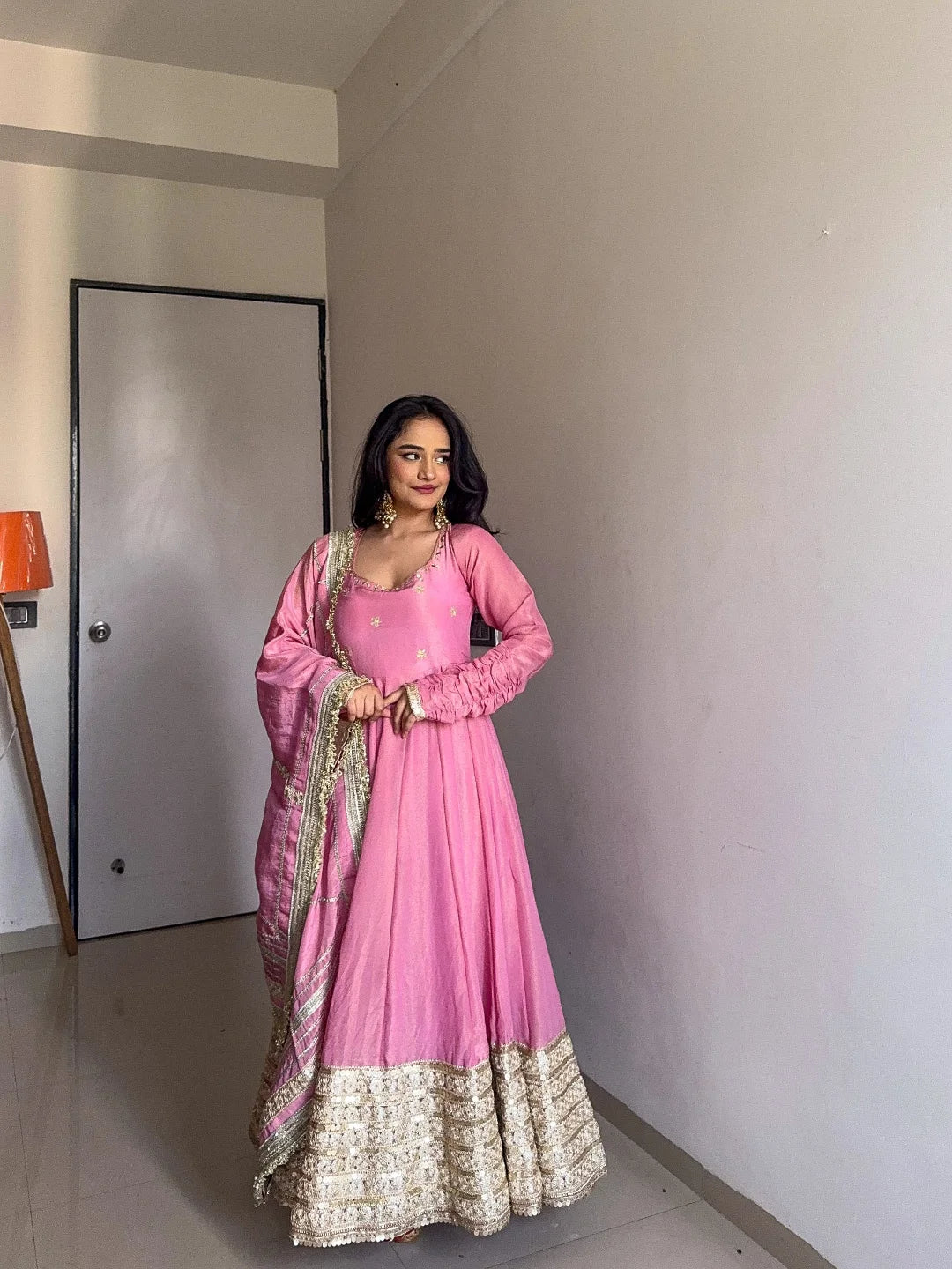 Elegant Pink Anarkali Gown Set 