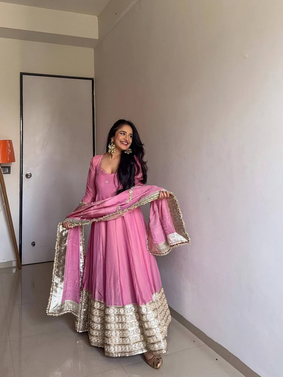 Elegant Pink Anarkali Gown Set 