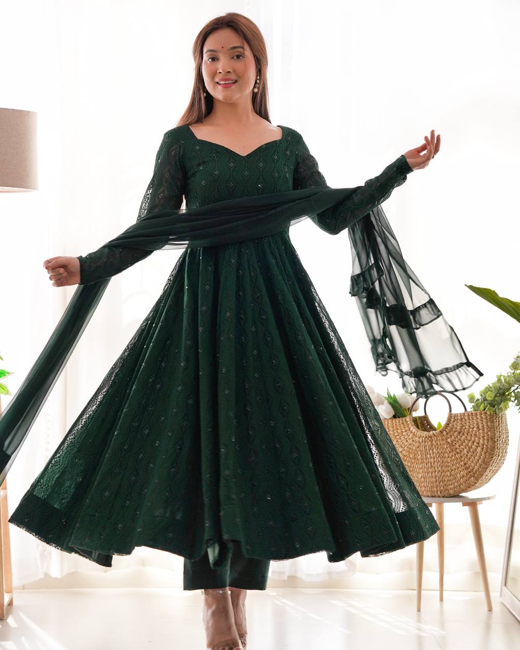 Elegant Dark Green Anarkali Gown Set 