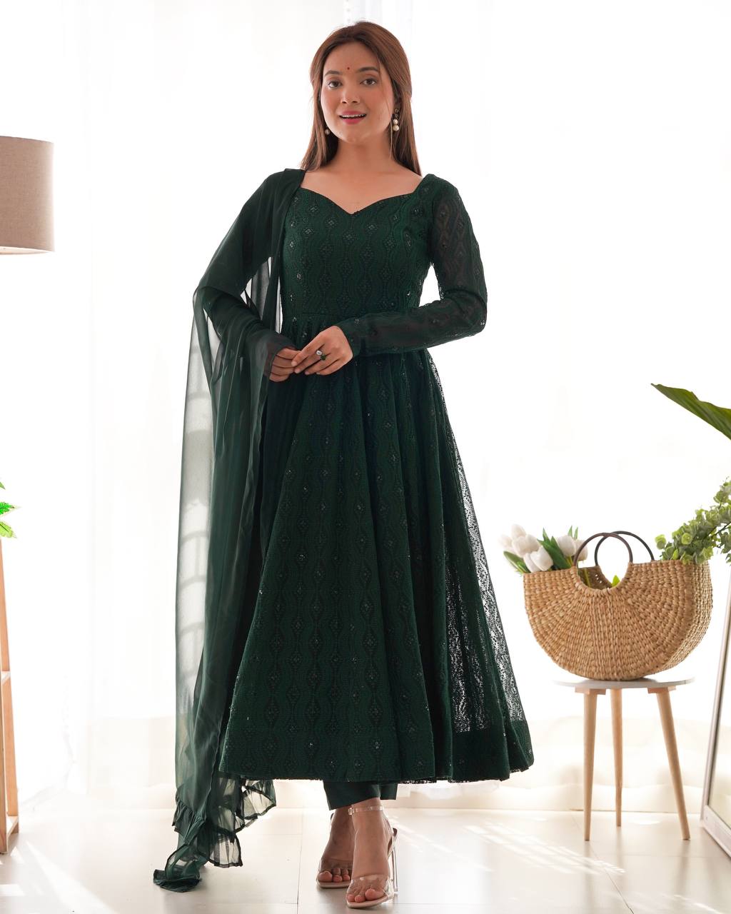 Elegant Dark Green Anarkali Gown Set 