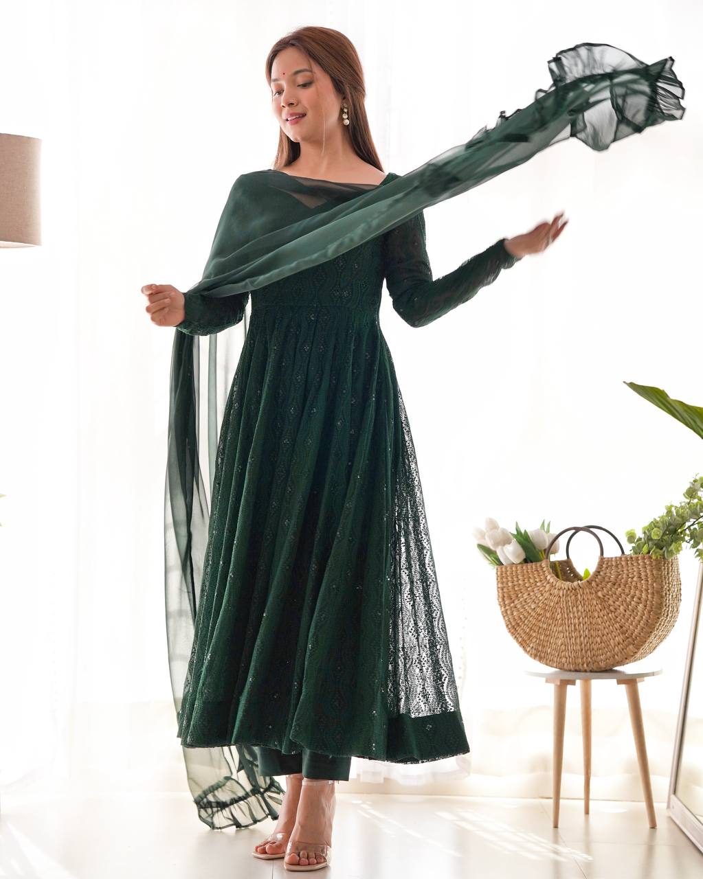 Elegant Dark Green Anarkali Gown Set 