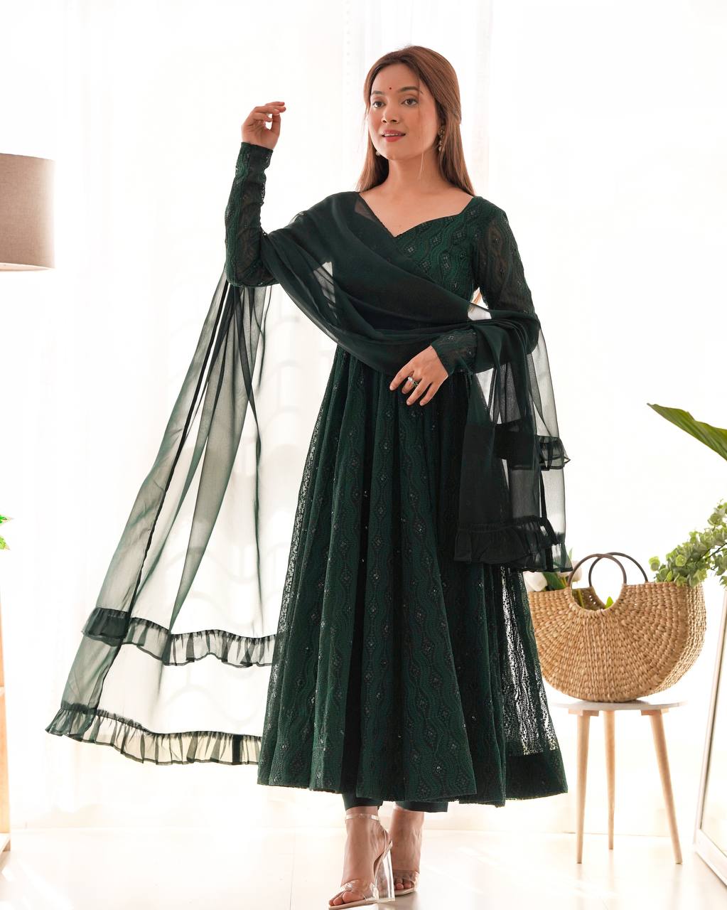 Elegant Dark Green Anarkali Gown Set 