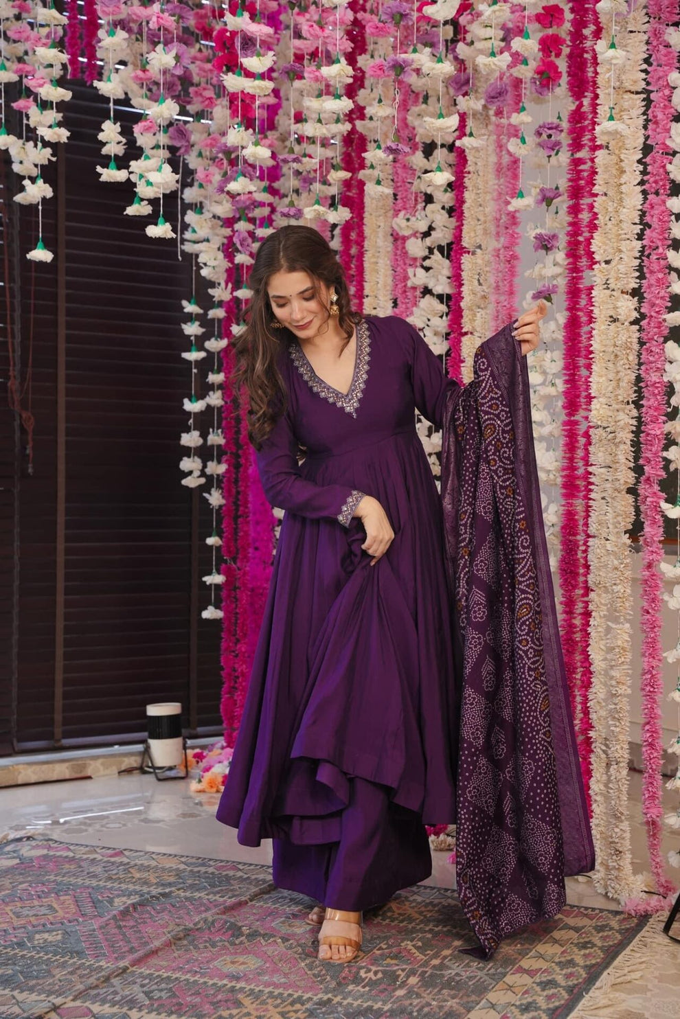 Elegant Purple Traditional Anarkali Gown Set 
