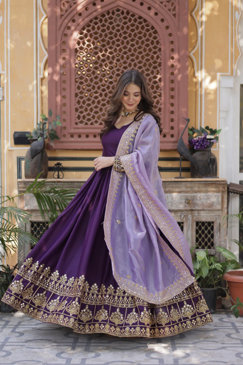 Purple Embroidered Anarkali Gown Set
