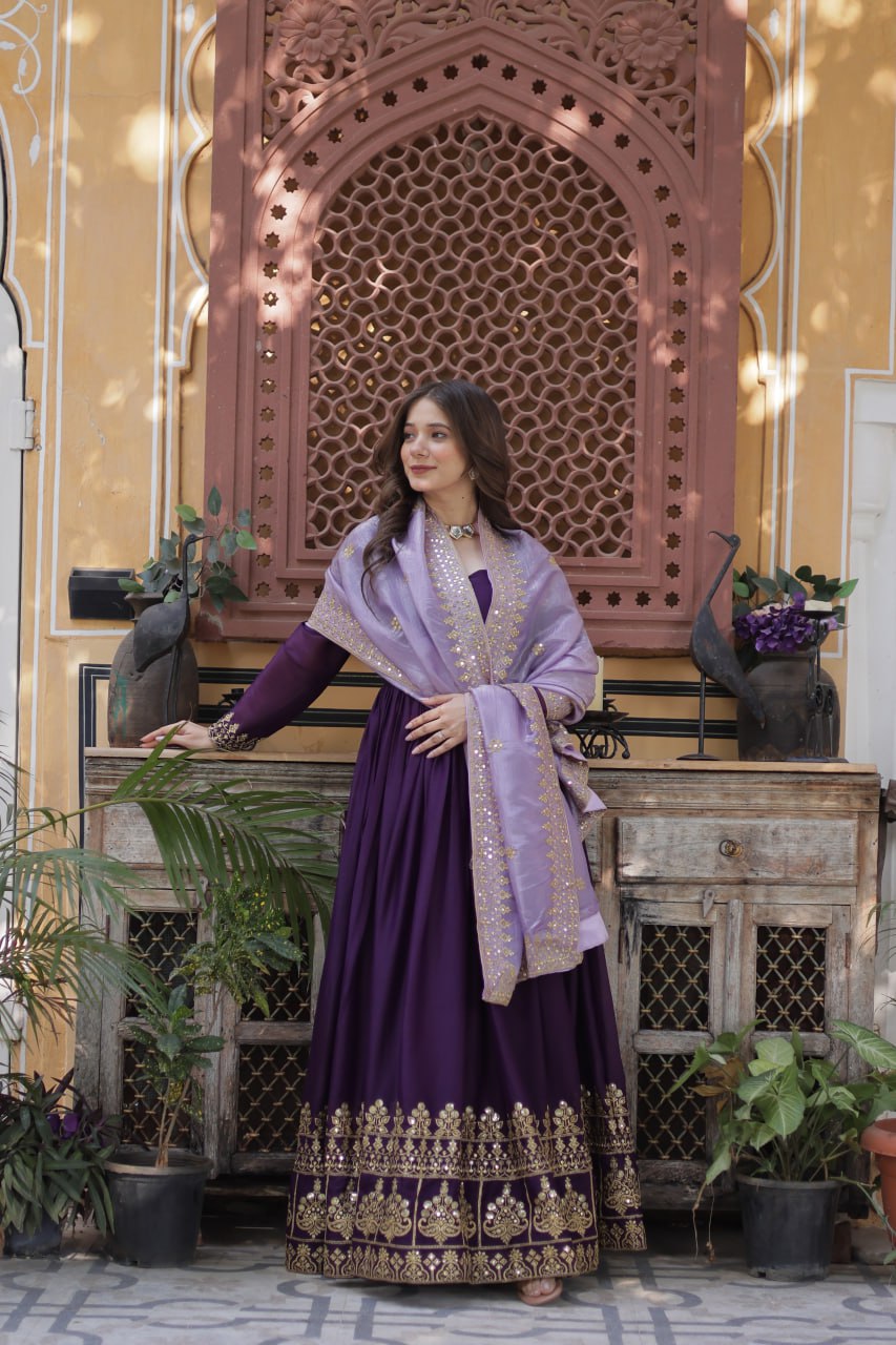 Purple Embroidered Anarkali Gown Set