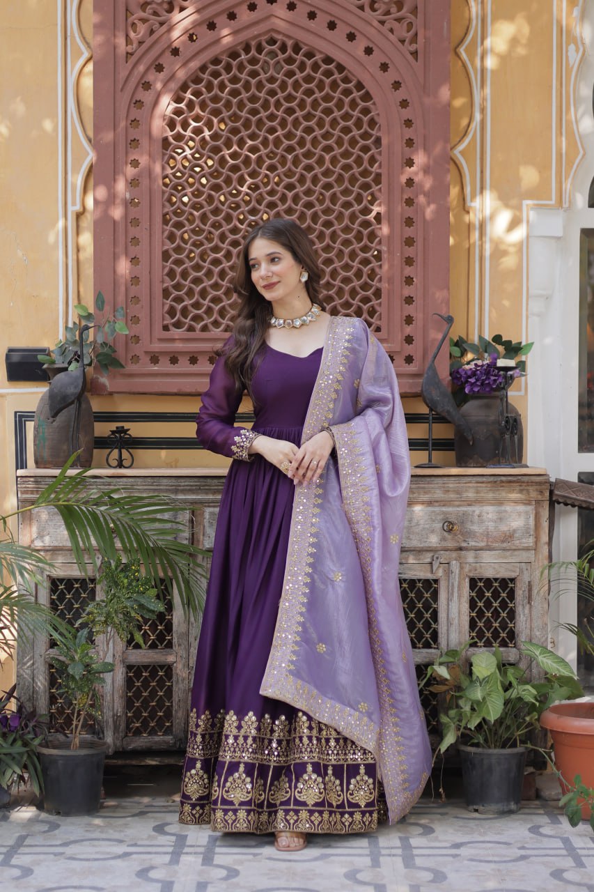 Purple Embroidered Anarkali Gown Set