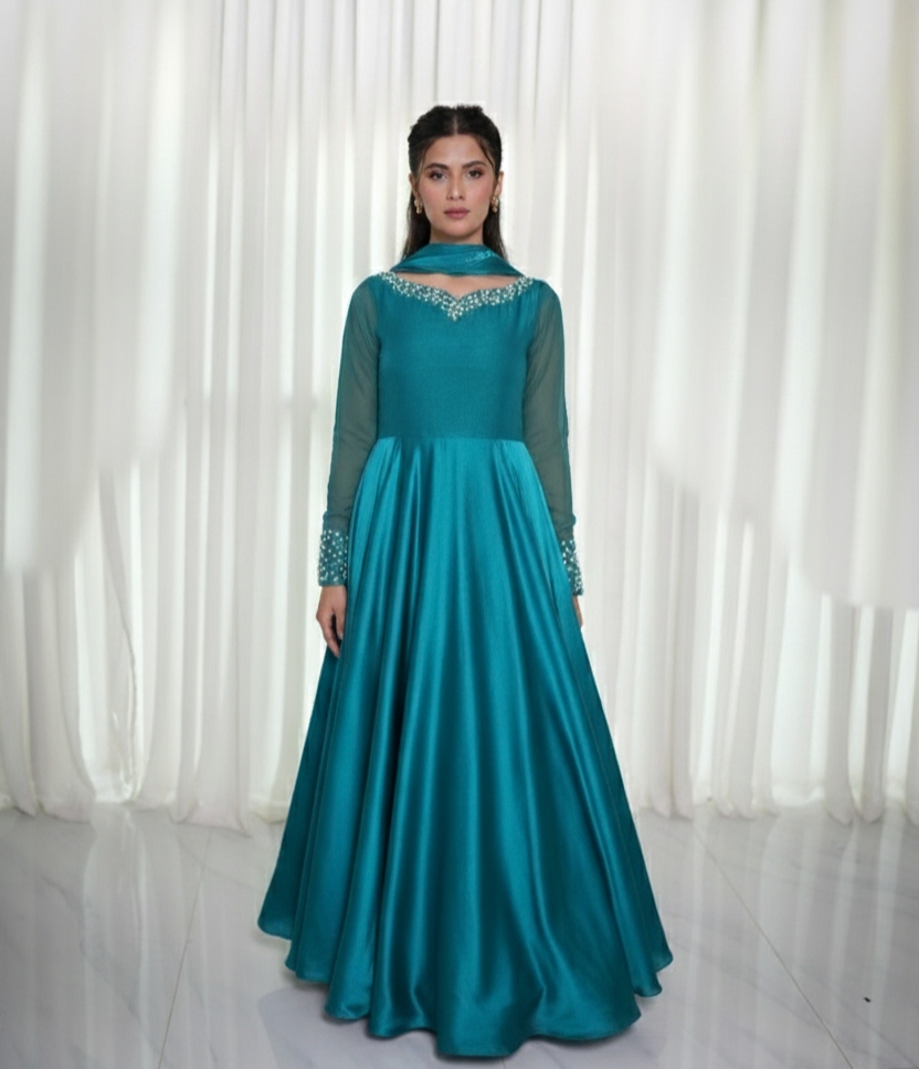 Elegant Teal Evening Anarkali Gown Set