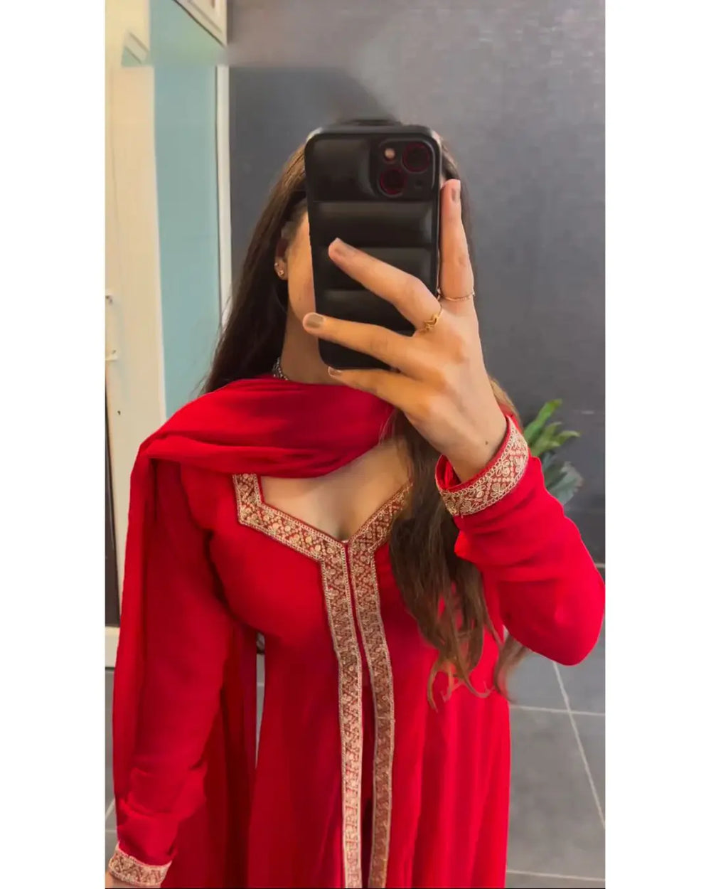 Red Traditional Lace Work Anarkali Suit