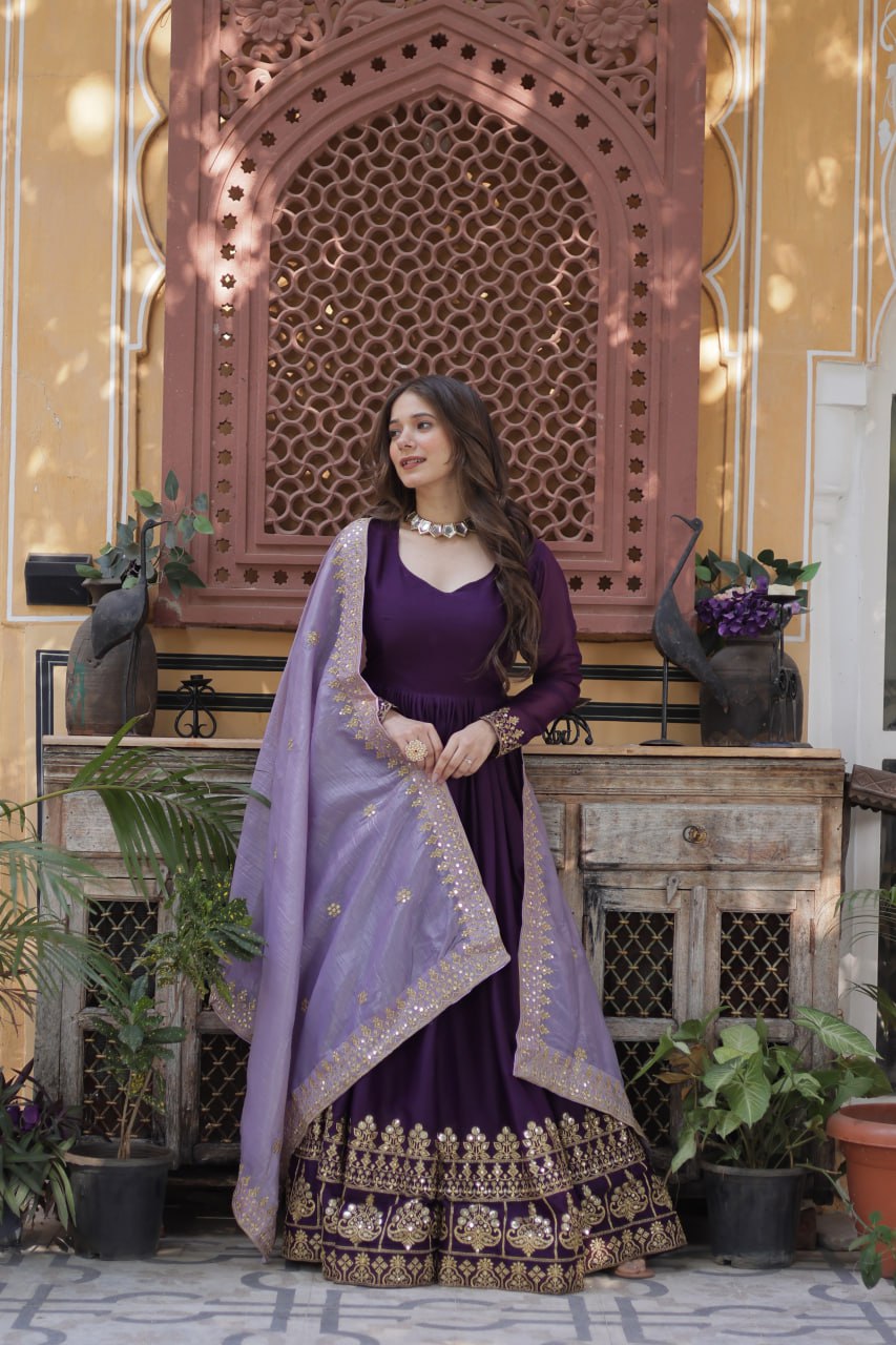 Purple Embroidered Anarkali Gown Set