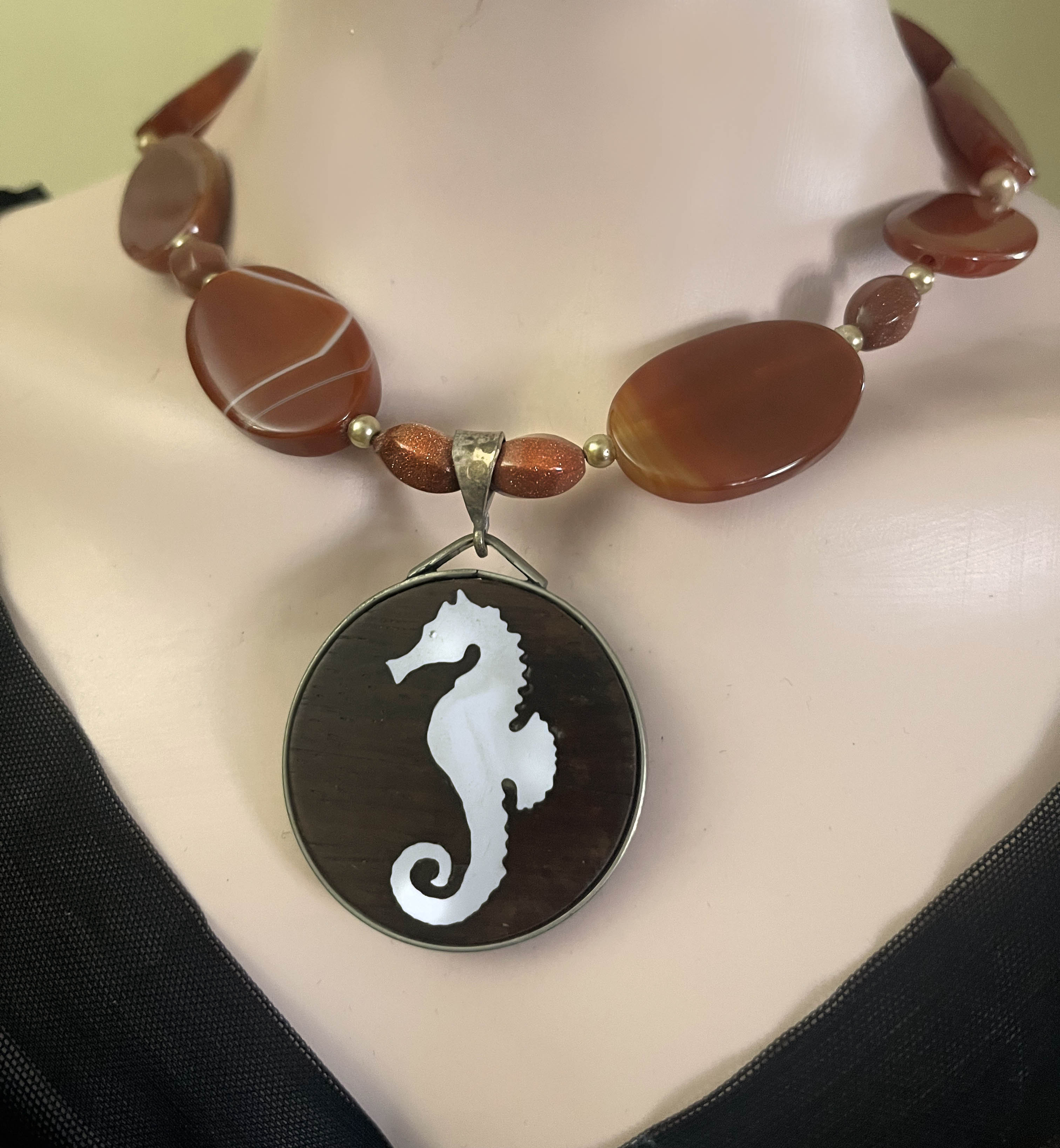Seahorse Pendant on Red Carnelian Beaded Necklace