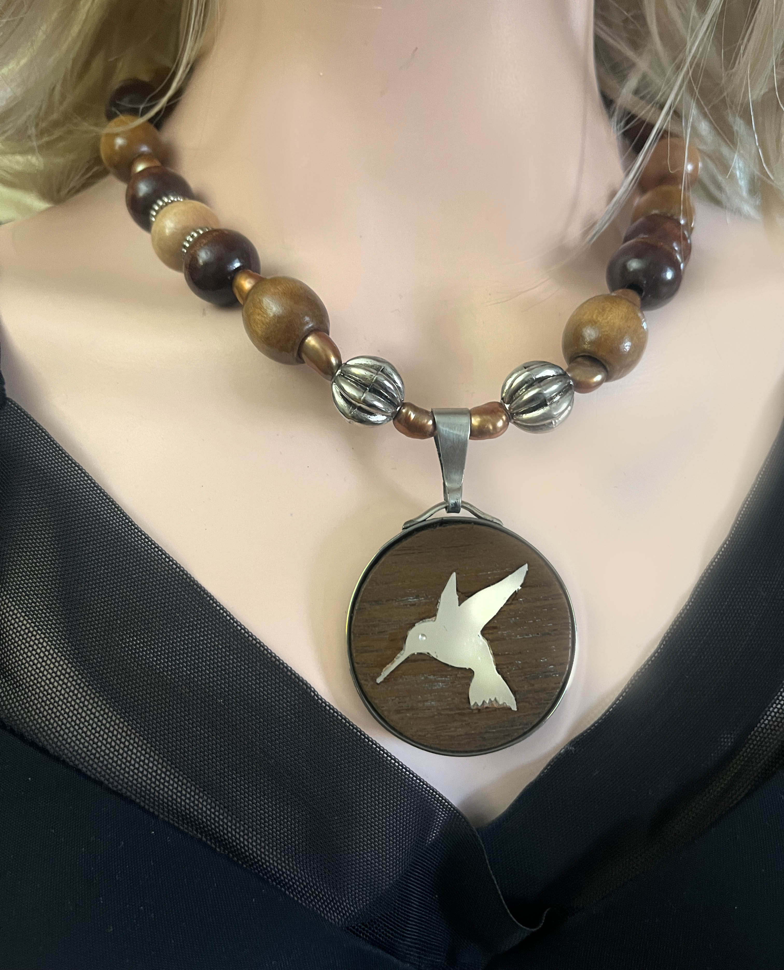 Hummingbird Pendant on Wood Beaded Necklace