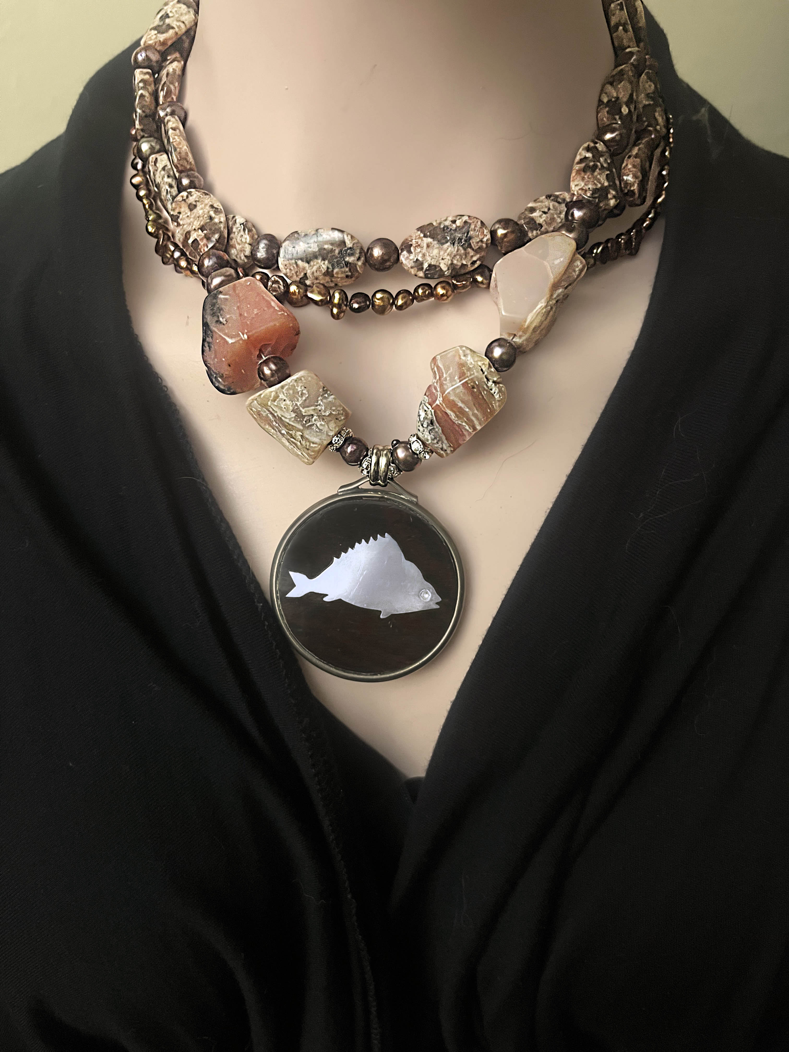 Chunky Beads, Pearls and Fish Pendant Necklace