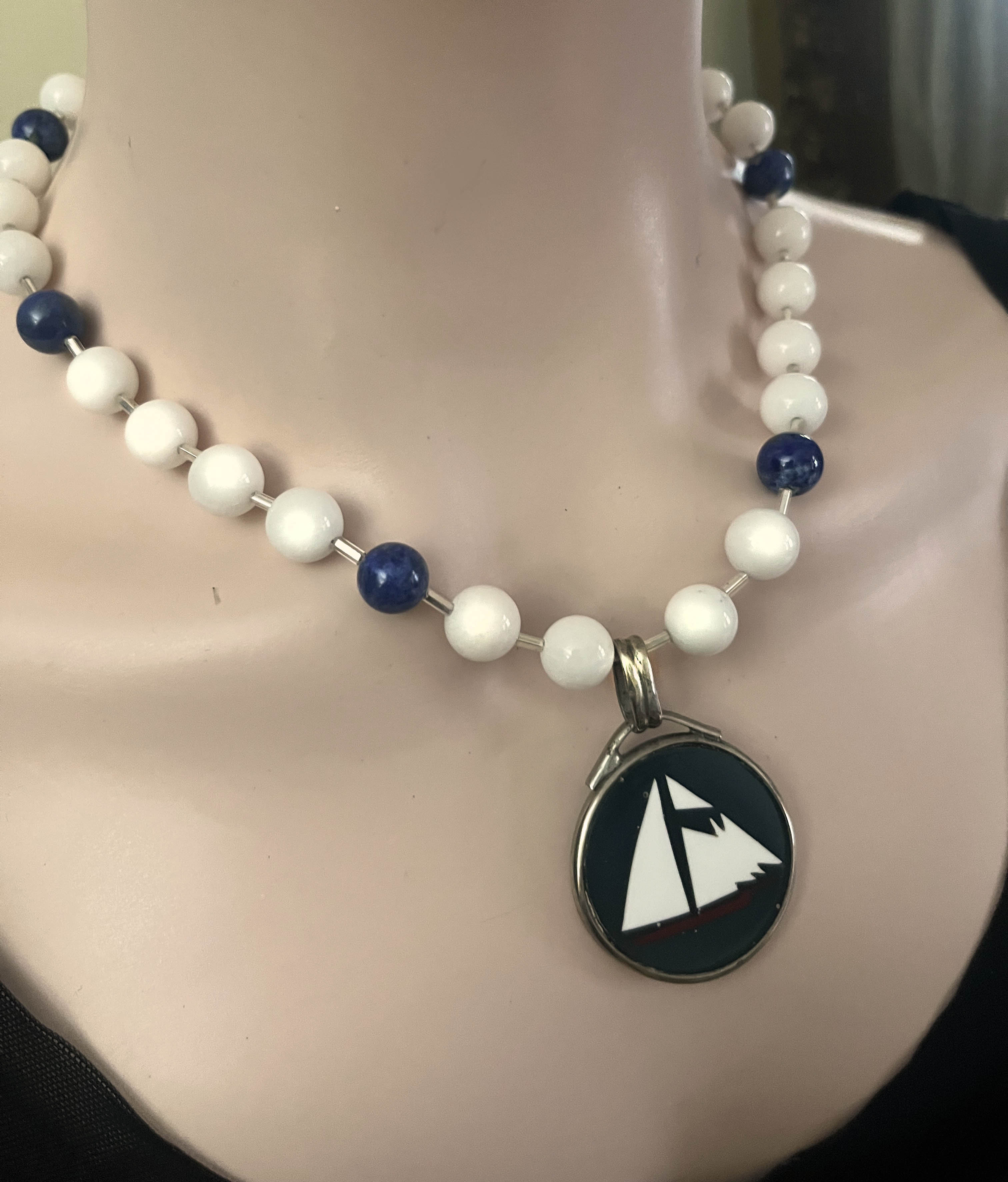 White and Blue Schooner Pendant Necklace