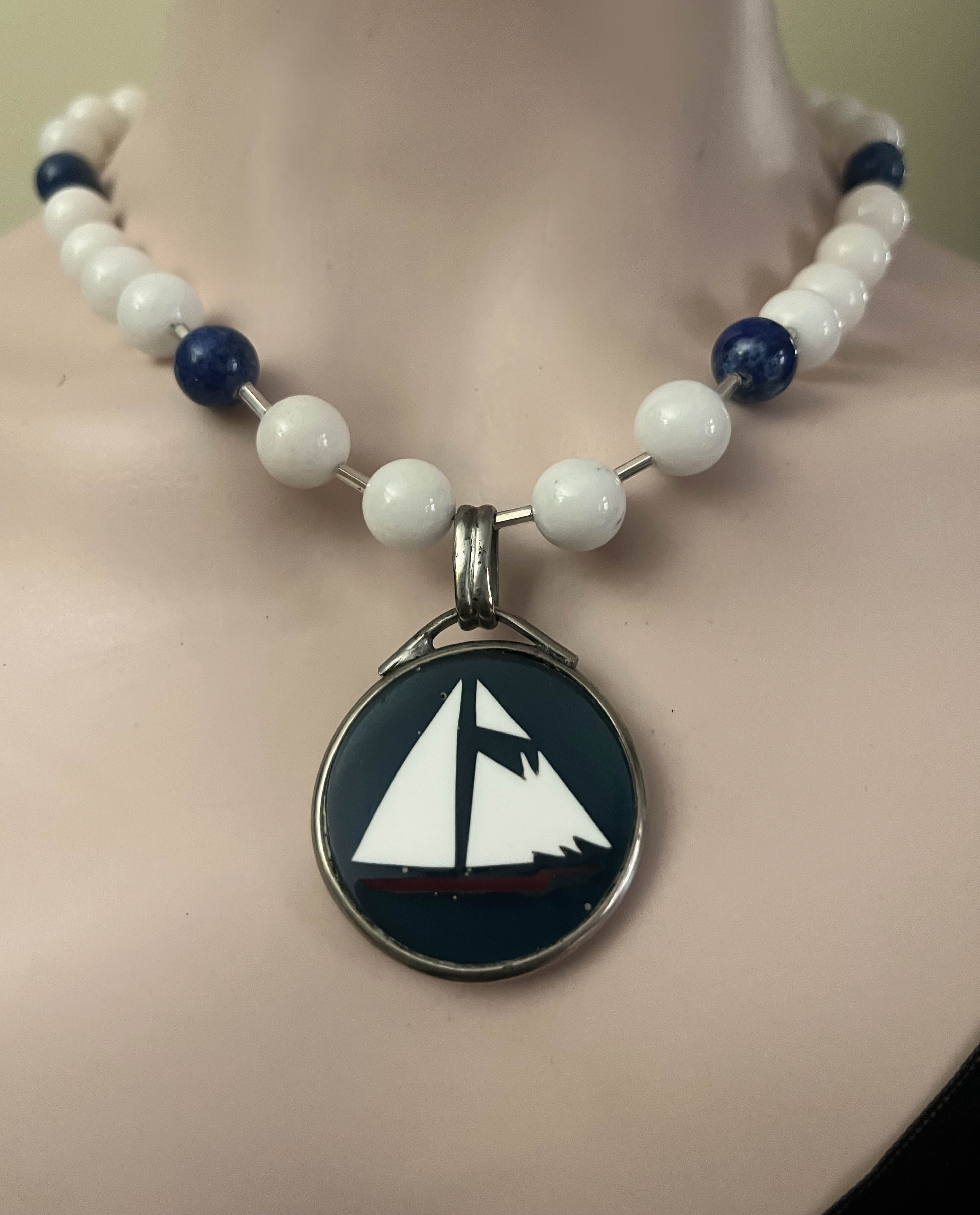 White and Blue Schooner Pendant Necklace