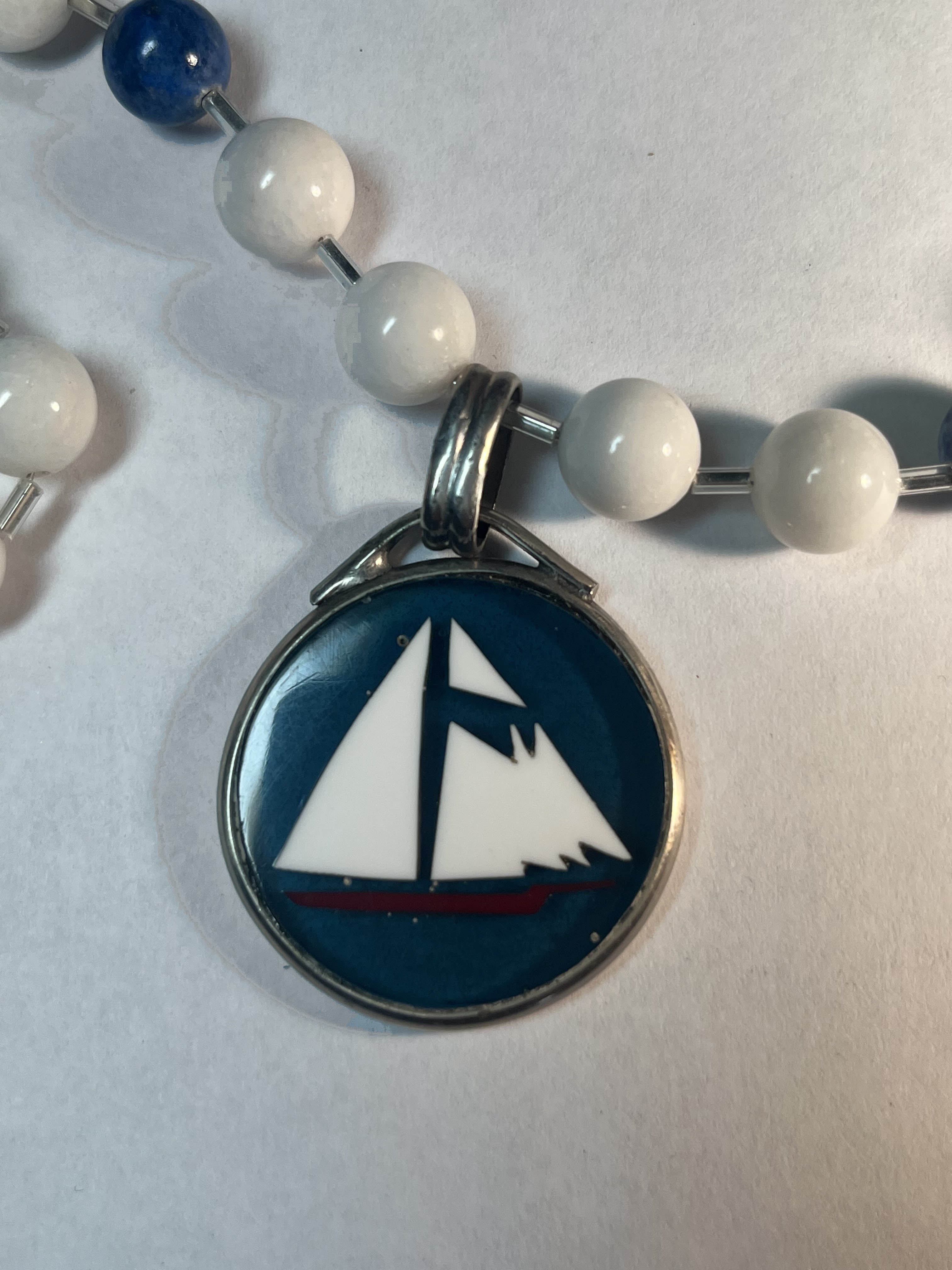 White and Blue Schooner Pendant Necklace