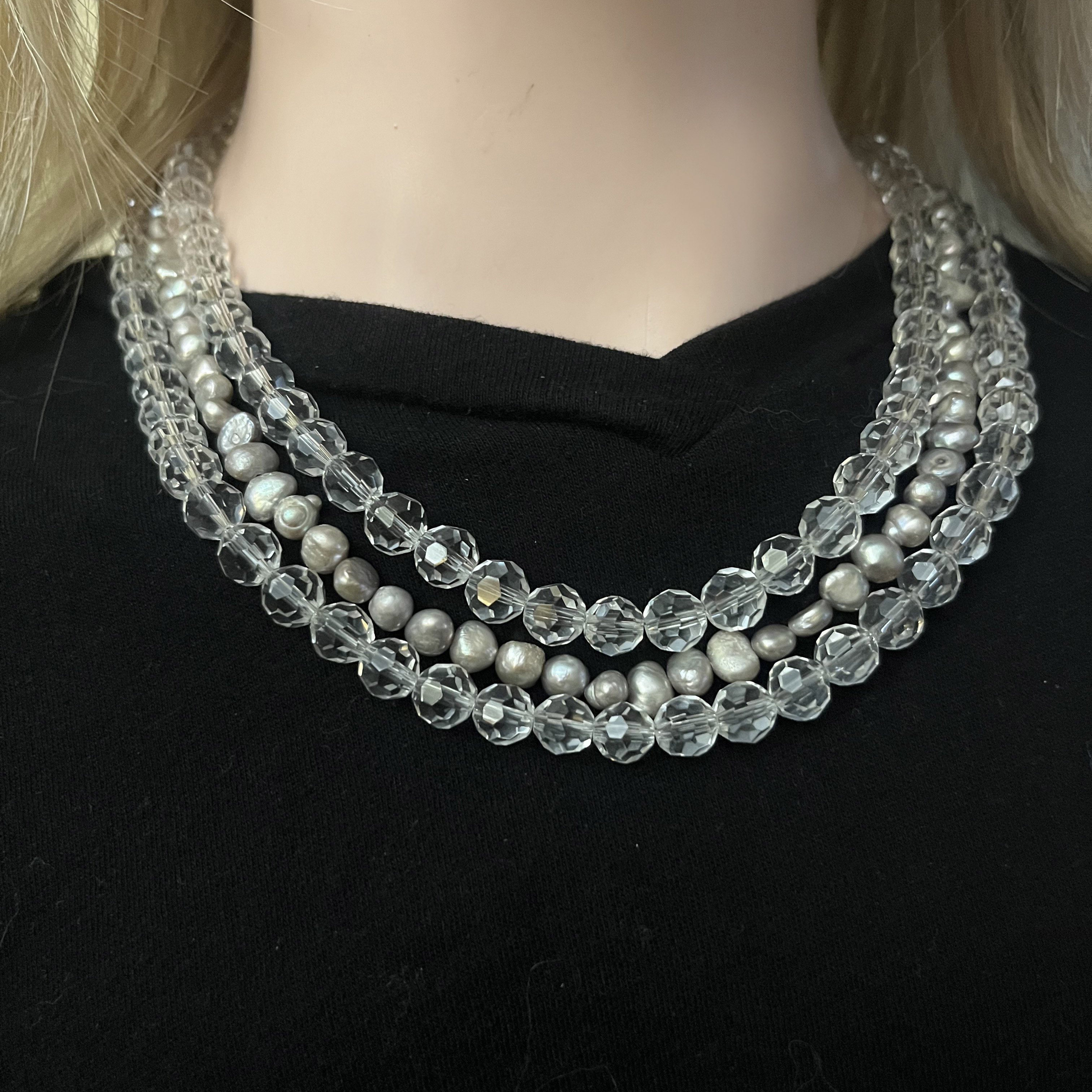 Three-Strand Silver Pearls and Glass Beaded Necklace