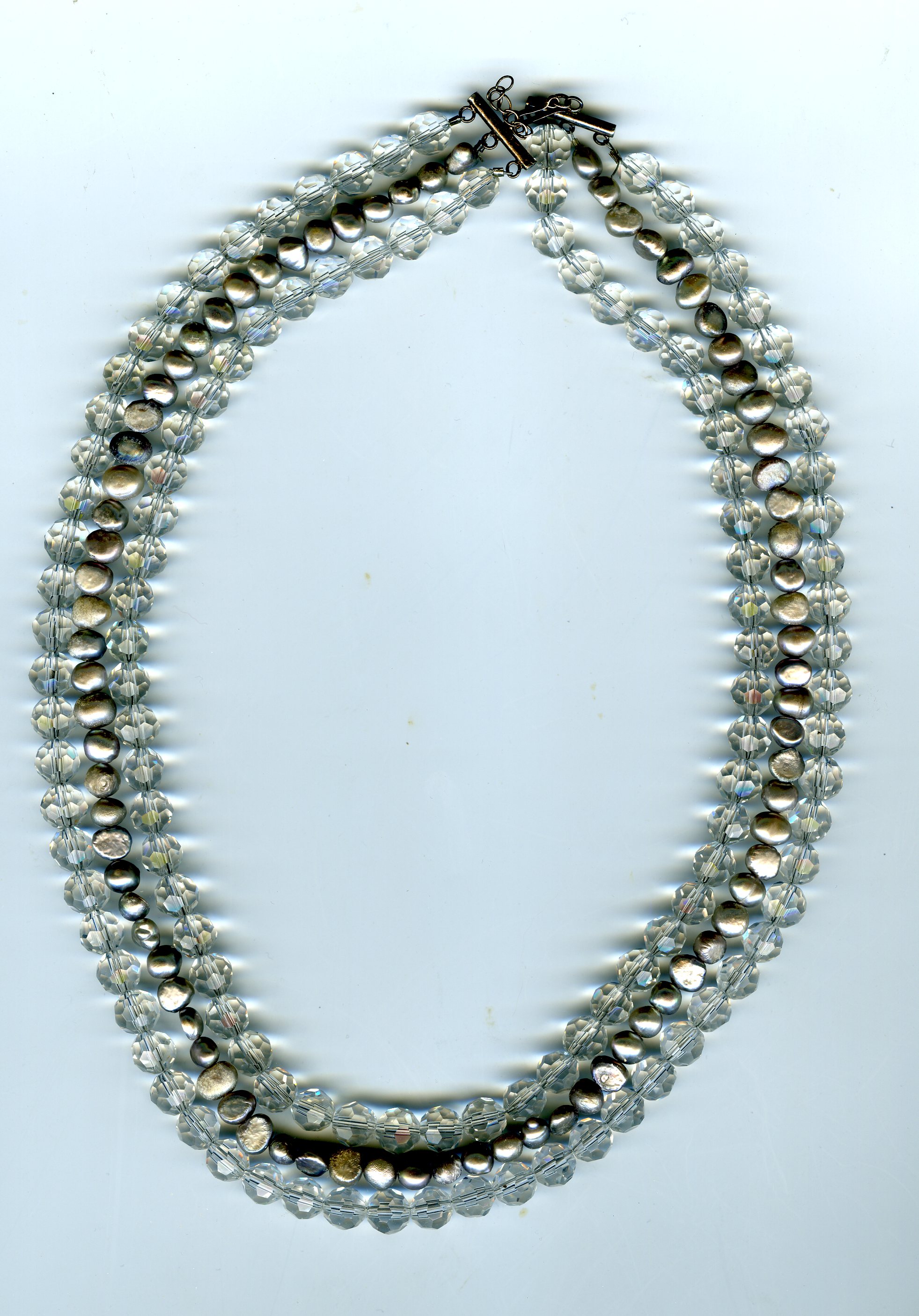 Three-Strand Silver Pearls and Glass Beaded Necklace