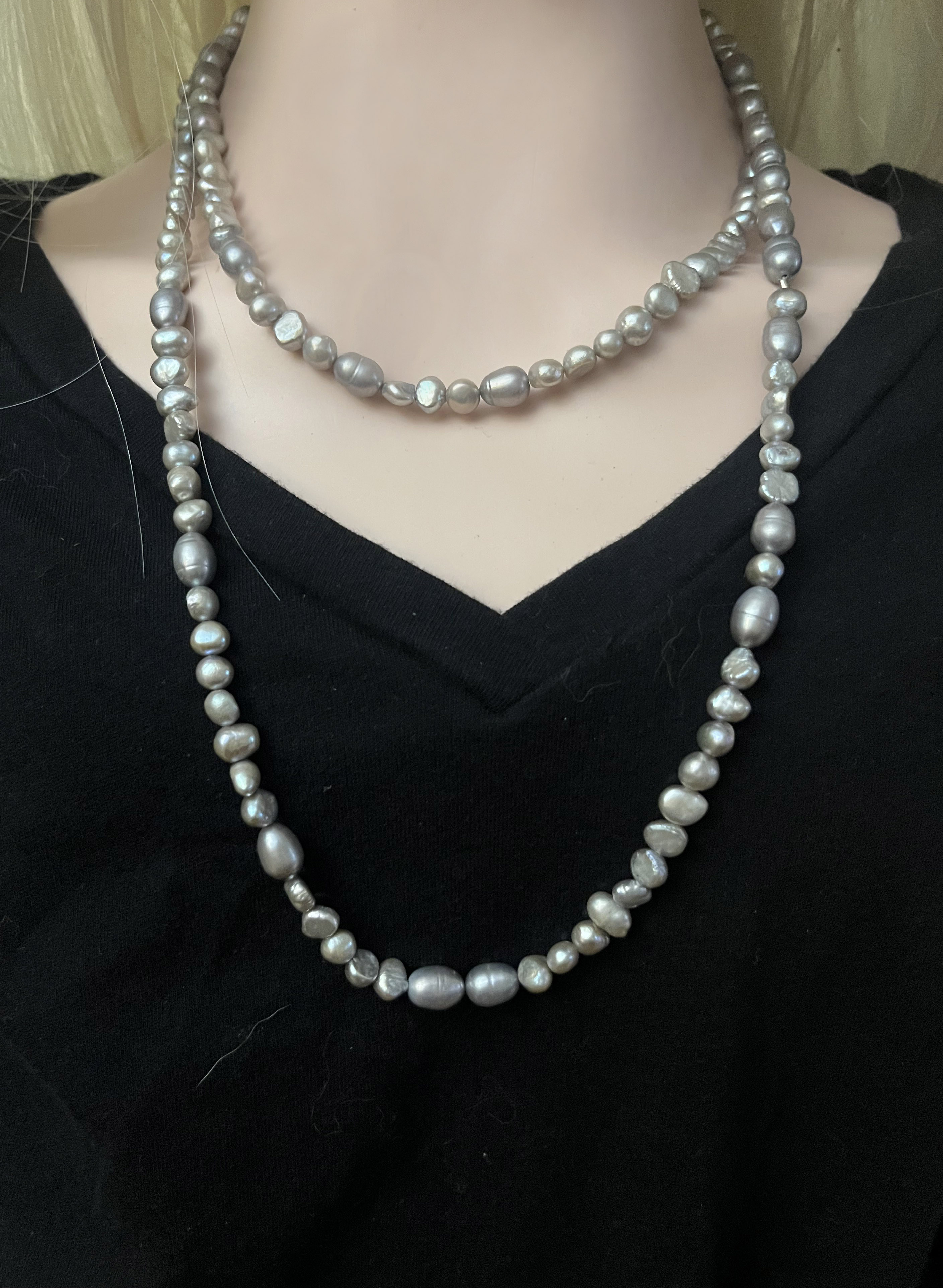 Endless Long Silver Pearls Necklace
