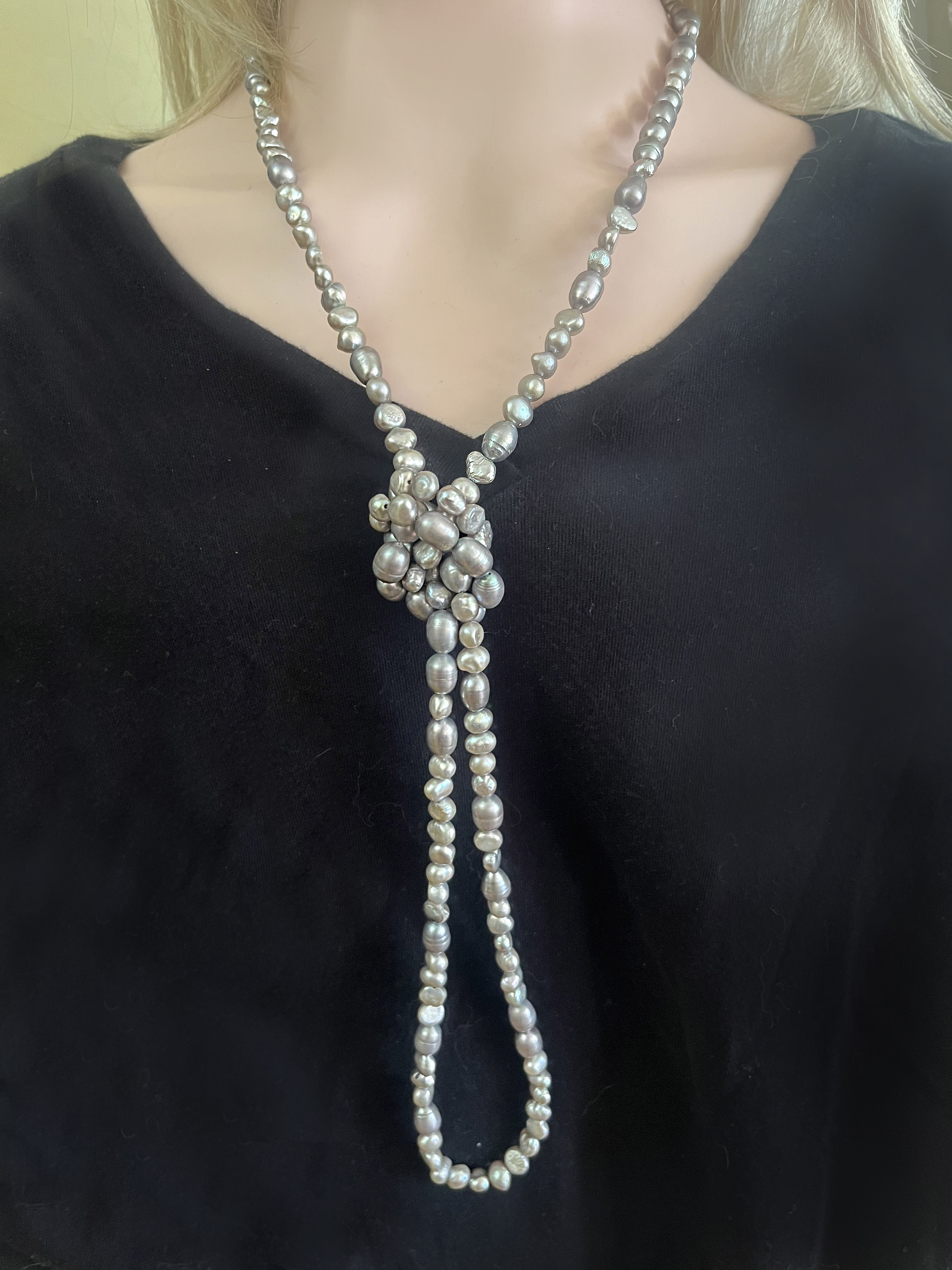 Endless Long Silver Pearls Necklace