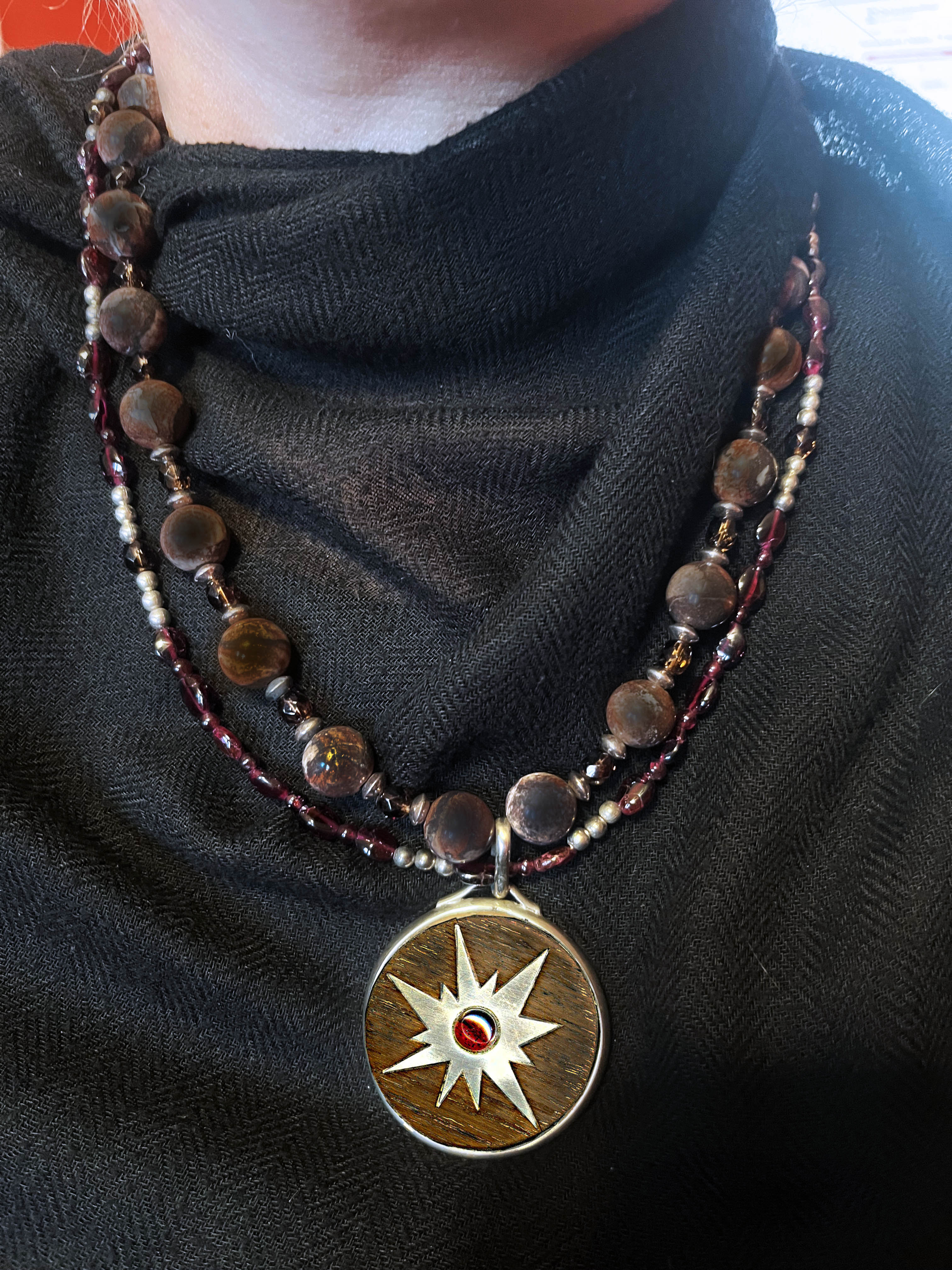 Garnet and Stone Sun Pendant Necklace