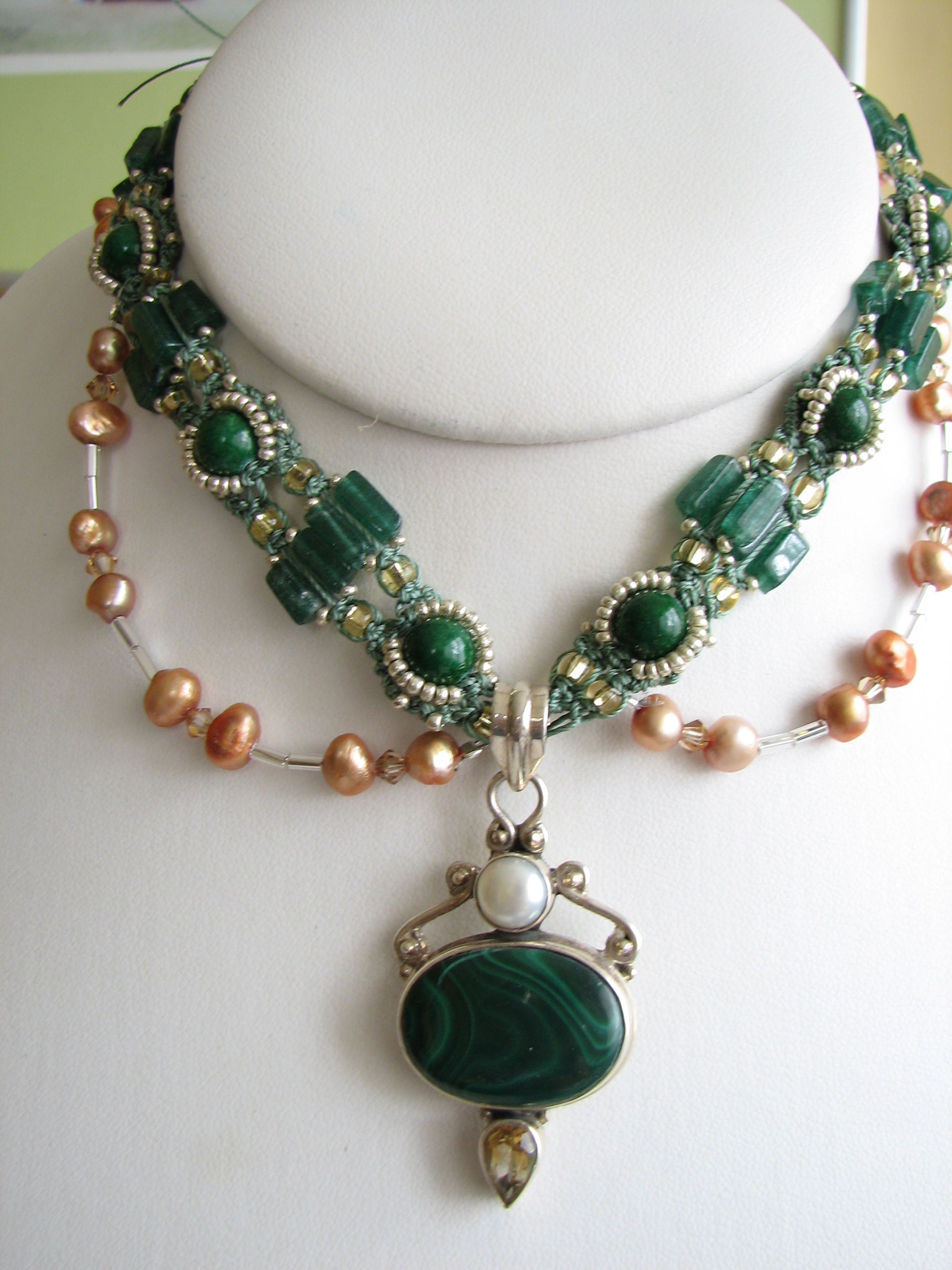 Hand-knotted Beaded Neckpiece with Malachite Pendant