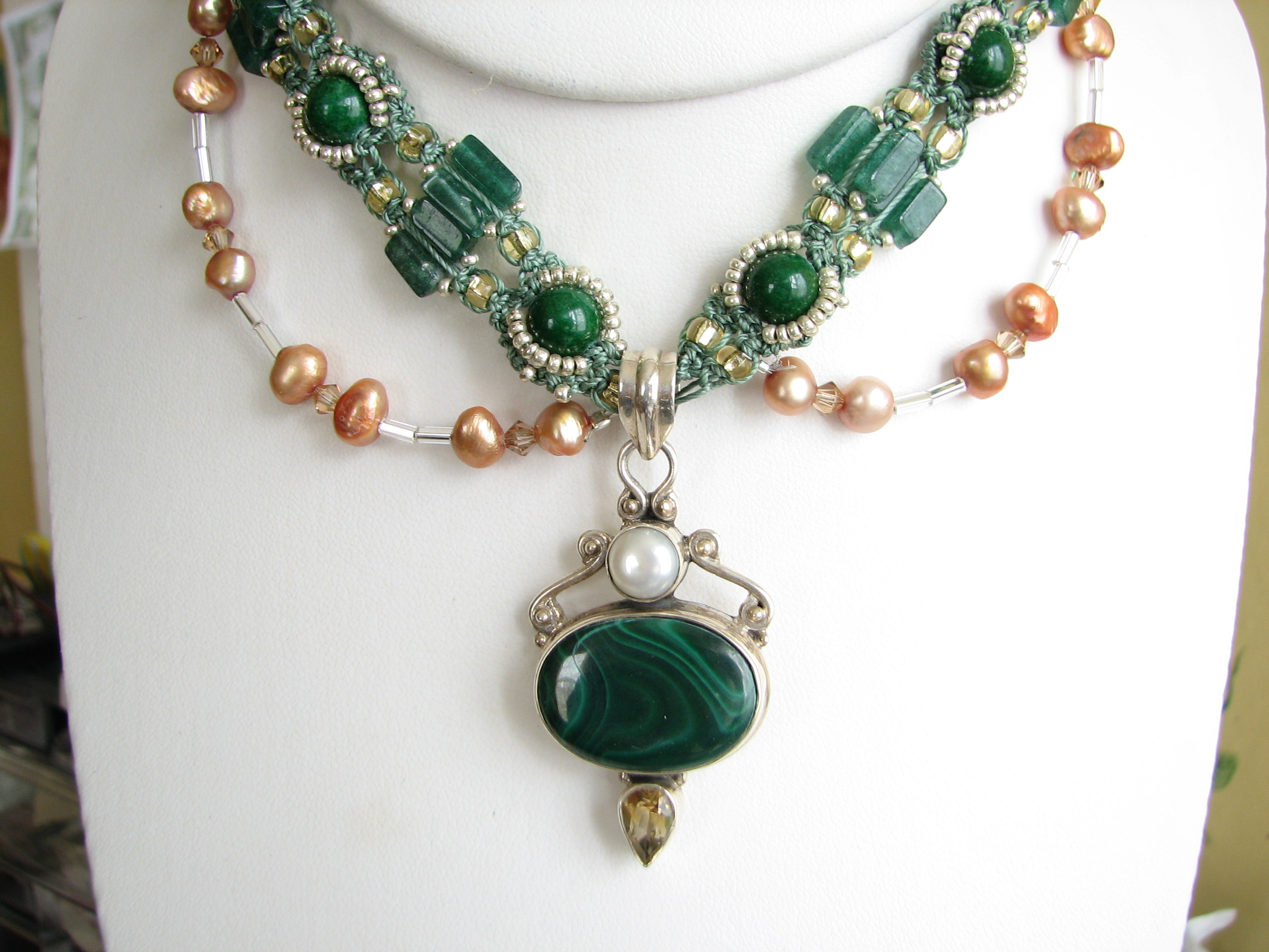 Hand-knotted Beaded Neckpiece with Malachite Pendant