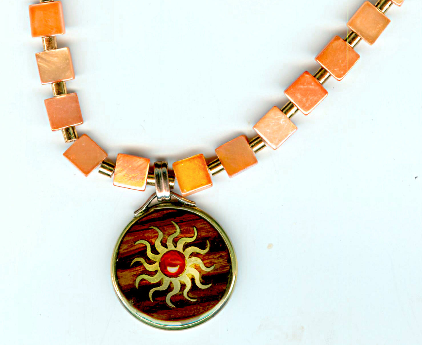 Fiery Sun Pendant on Butterscotch Shell Necklace