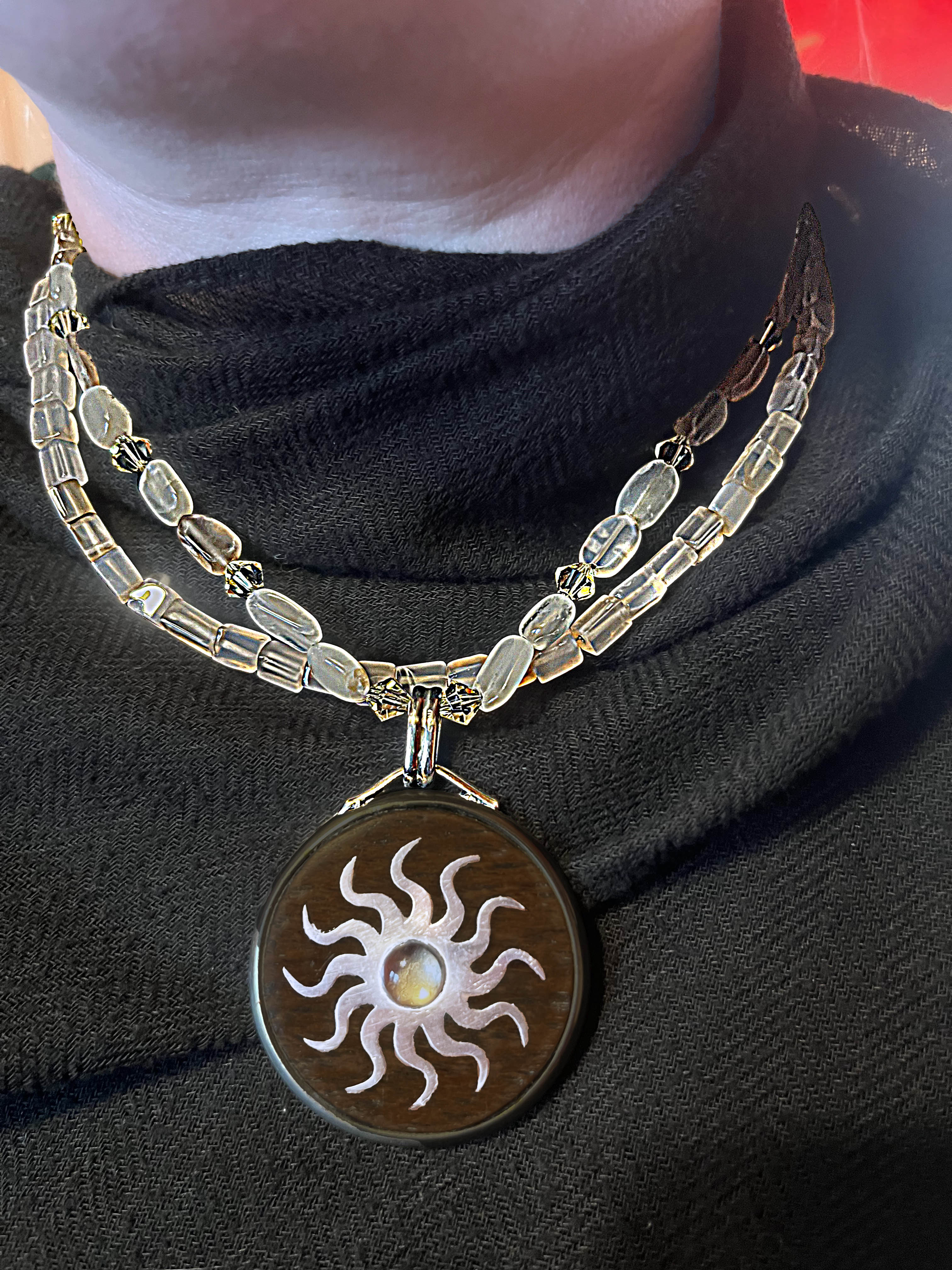 Sun Motif Pendant on Quartz Beads