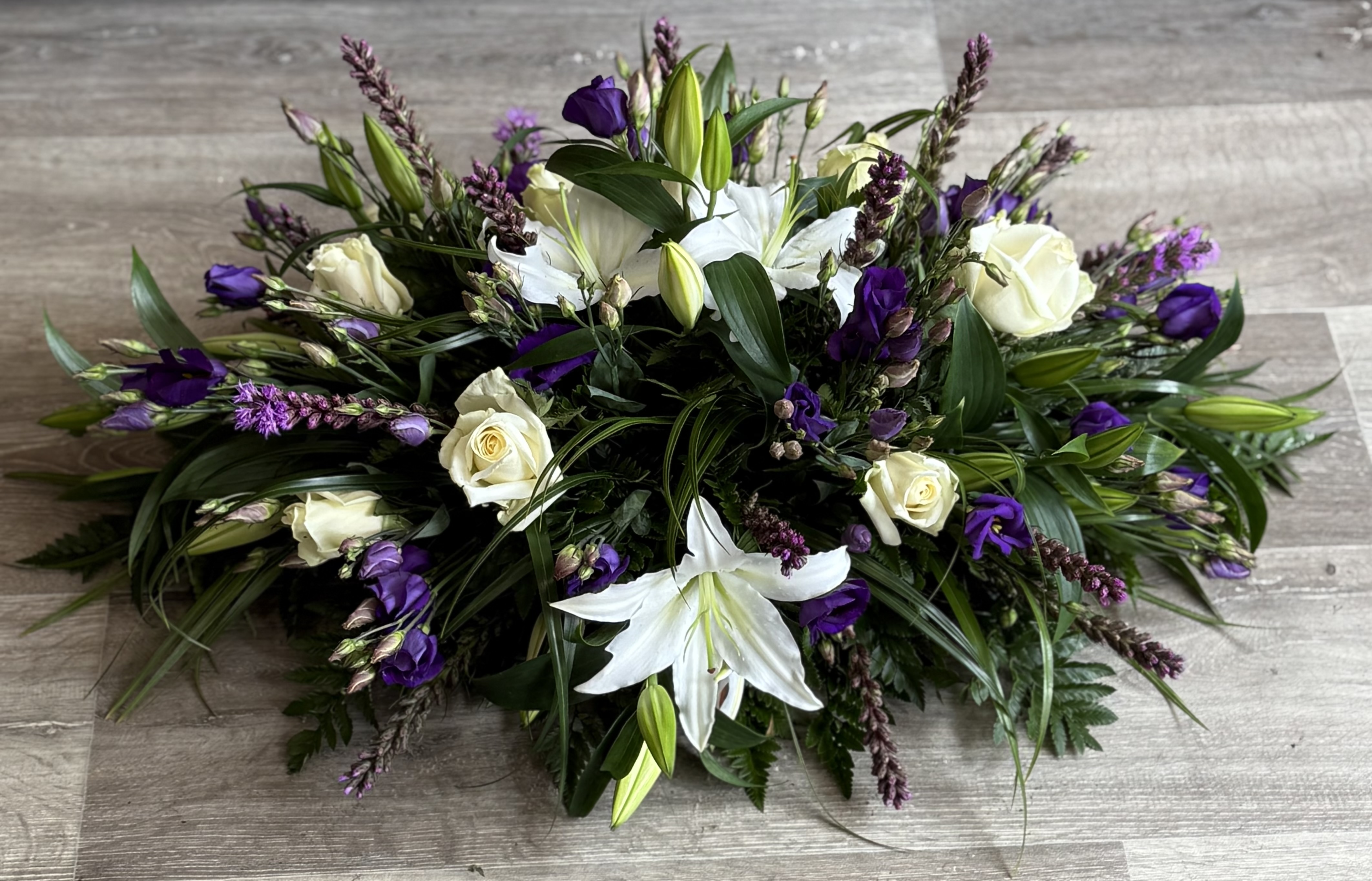 Purple & White Coffin Spray