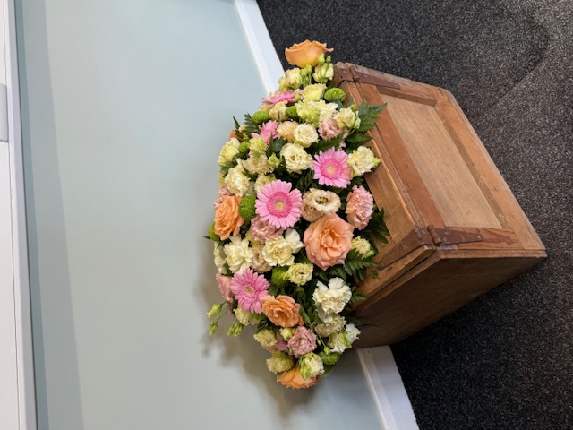 Peach, Cream and Pink Coffin Spray 