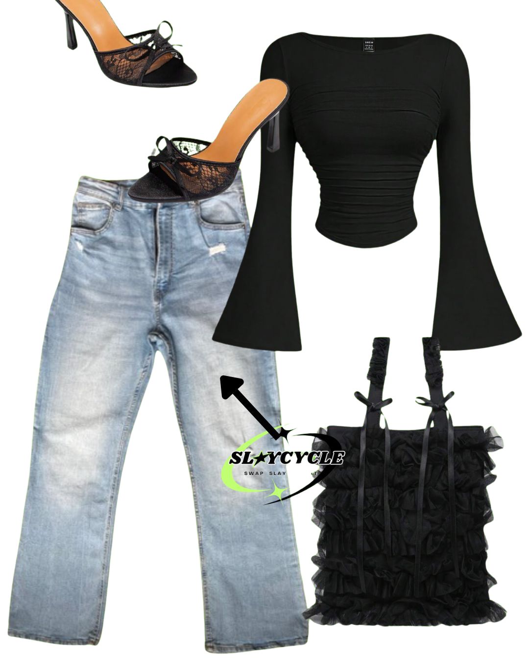 Denim 'stretch' jeans cropped flare - size 10-12 Bershka