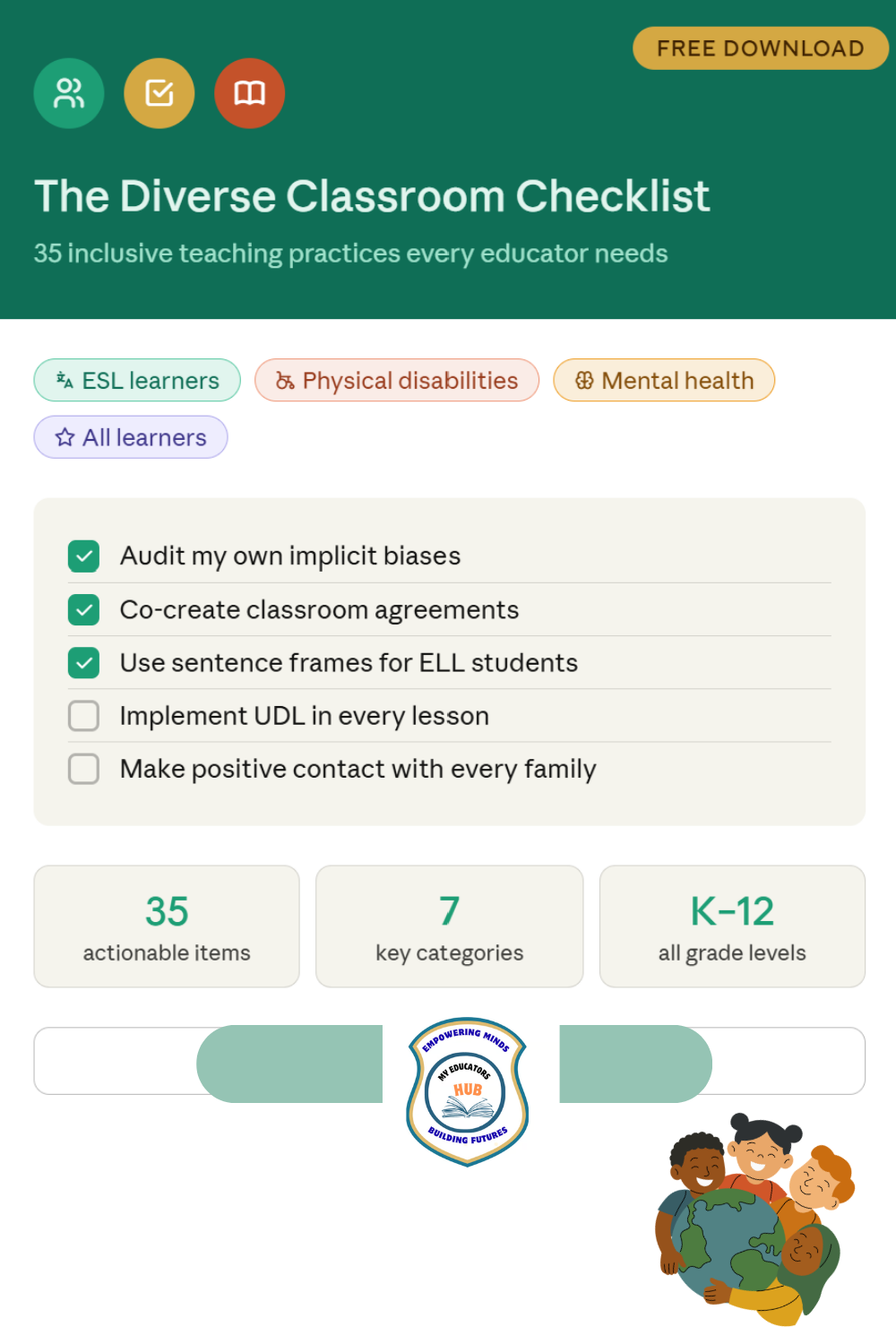 Title: The Diverse Classroom Checklist — 35 Inclusive Teaching Practices for K–12 Educators (FREE)