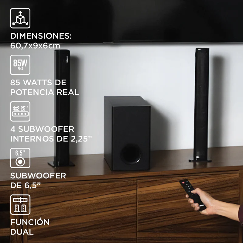 Barra de Sonido Stromberg Merge – 85W RMS con Subwoofer Inalámbrico y HDMI ARC