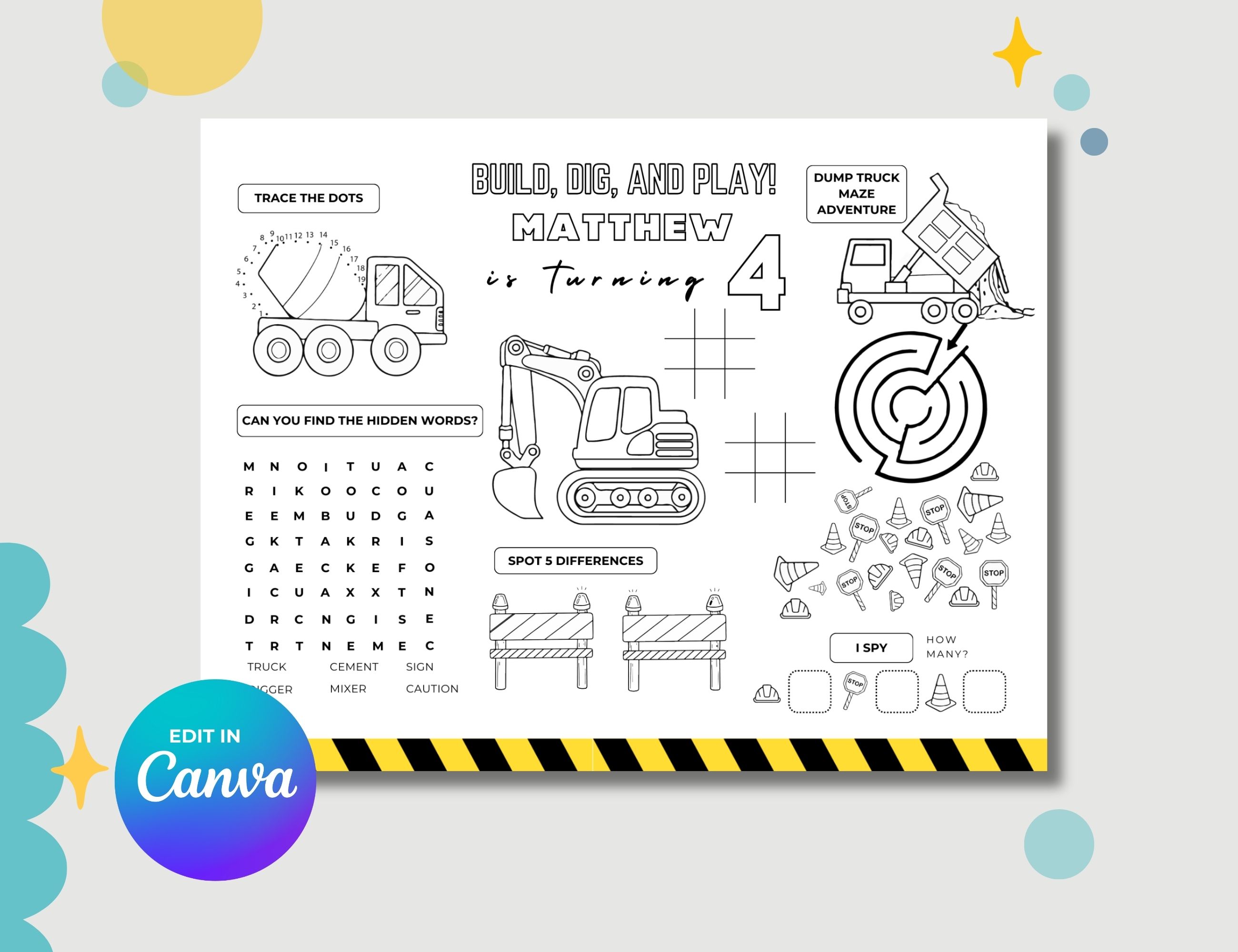 Construction Vehicles Party Games & Activities Sheet