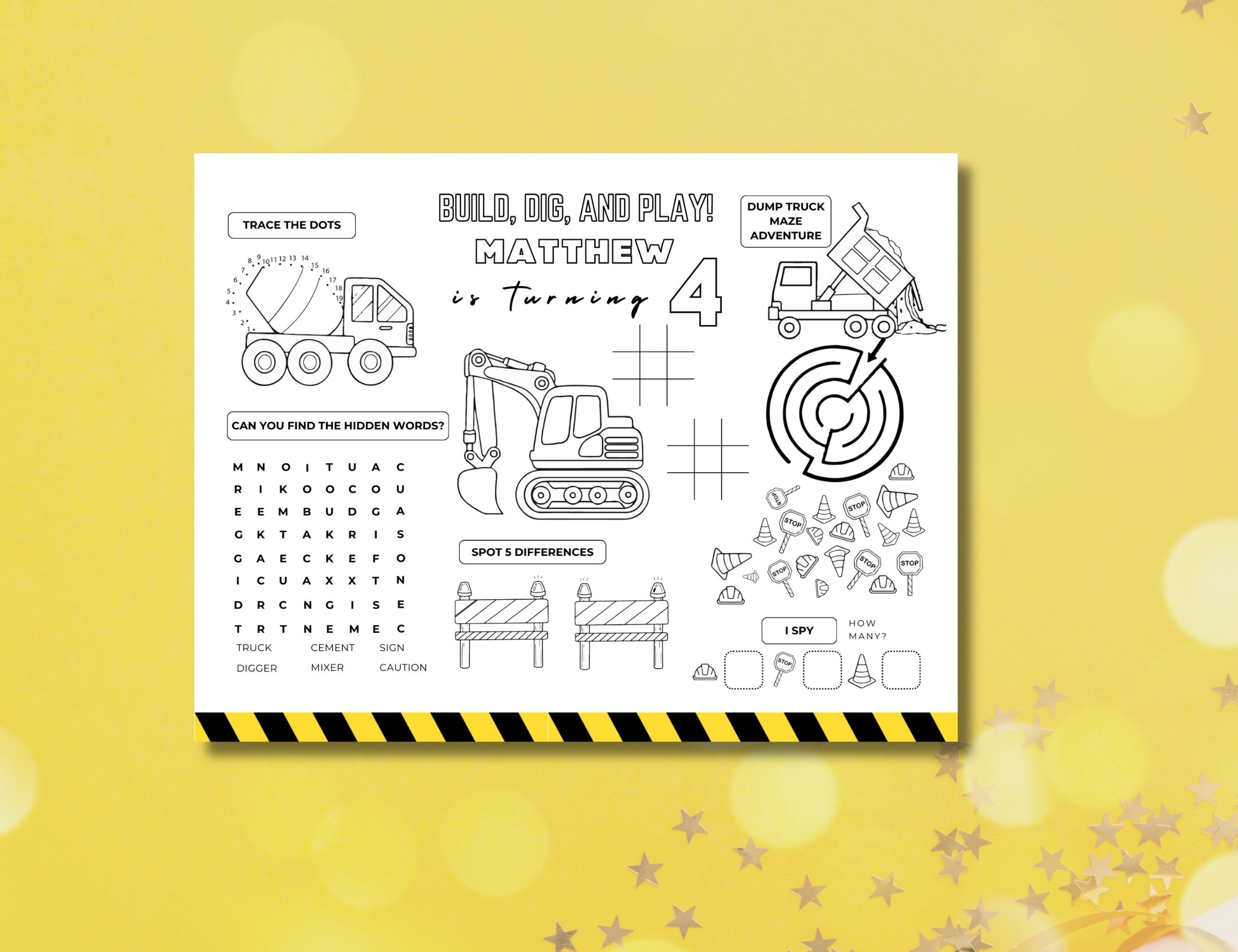 Construction Vehicles Party Games & Activities Sheet