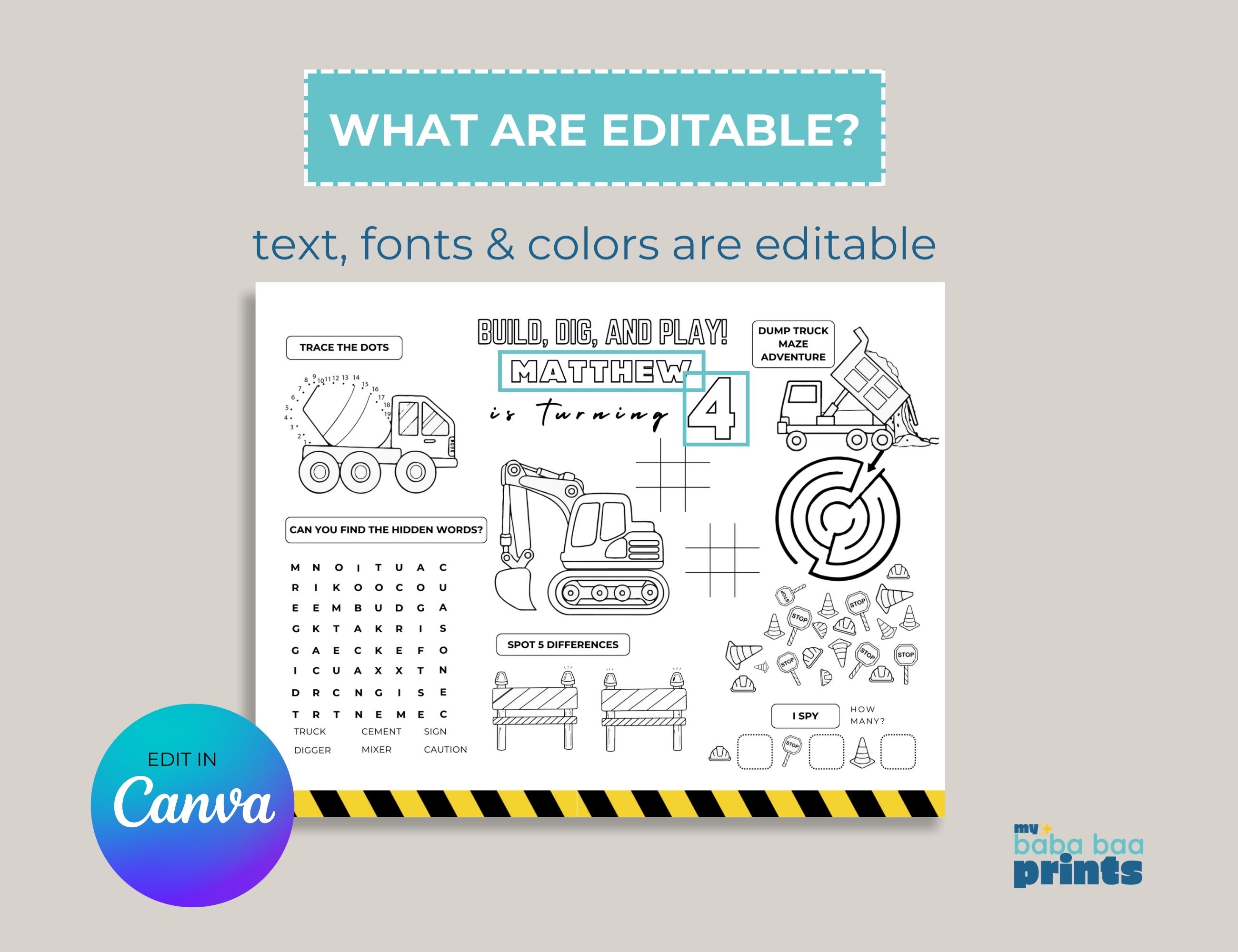 Construction Vehicles Party Games & Activities Sheet
