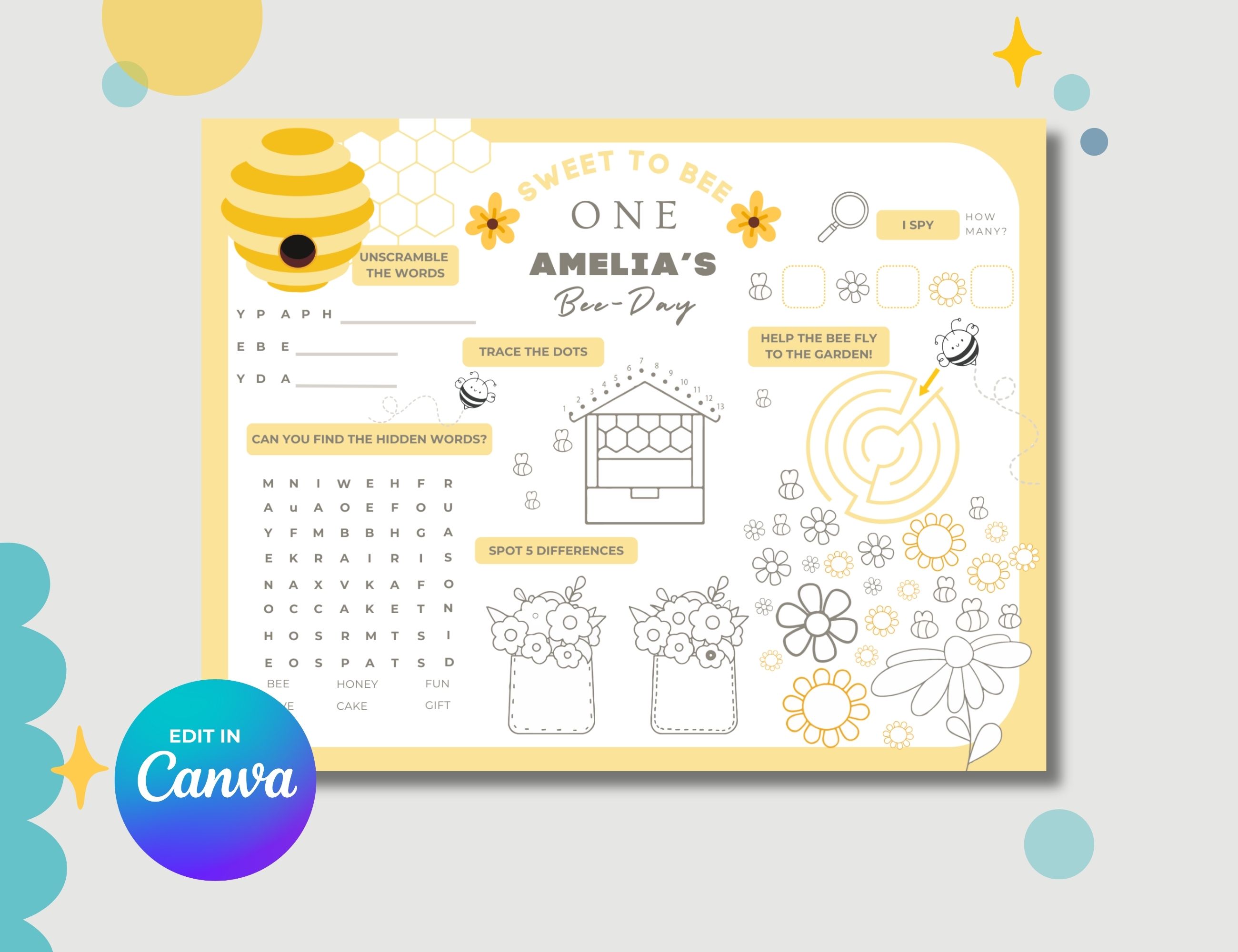 1st Bee Day Party Games & Activities Sheet