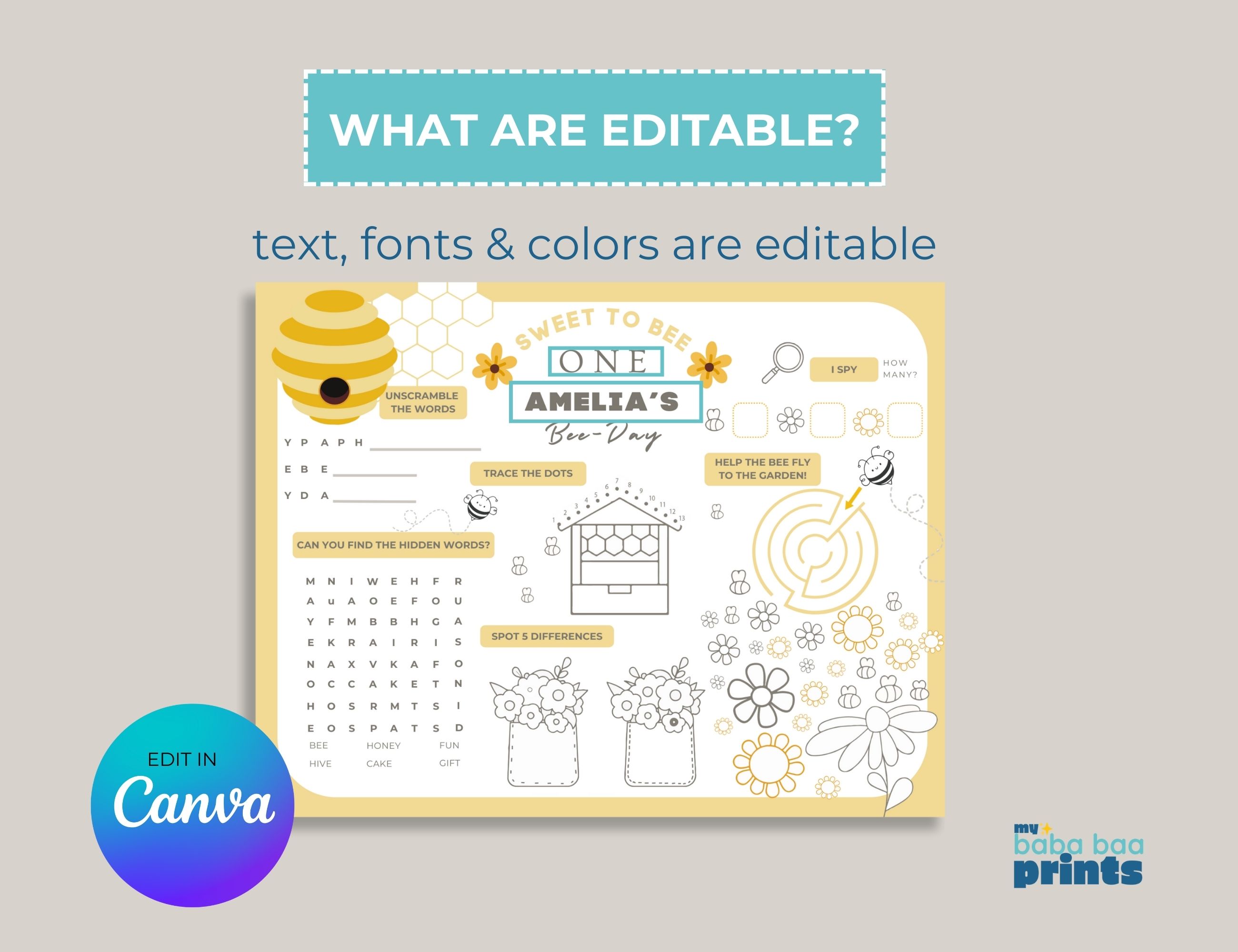 1st Bee Day Party Games & Activities Sheet