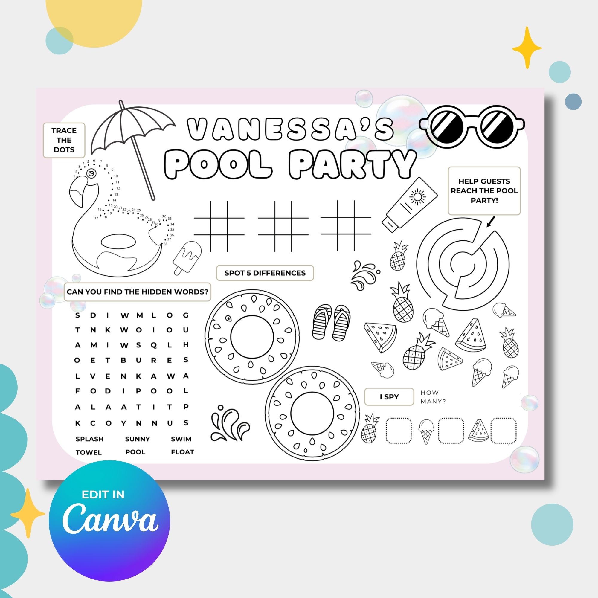 Pool Birthday Party Games & Activities Sheet