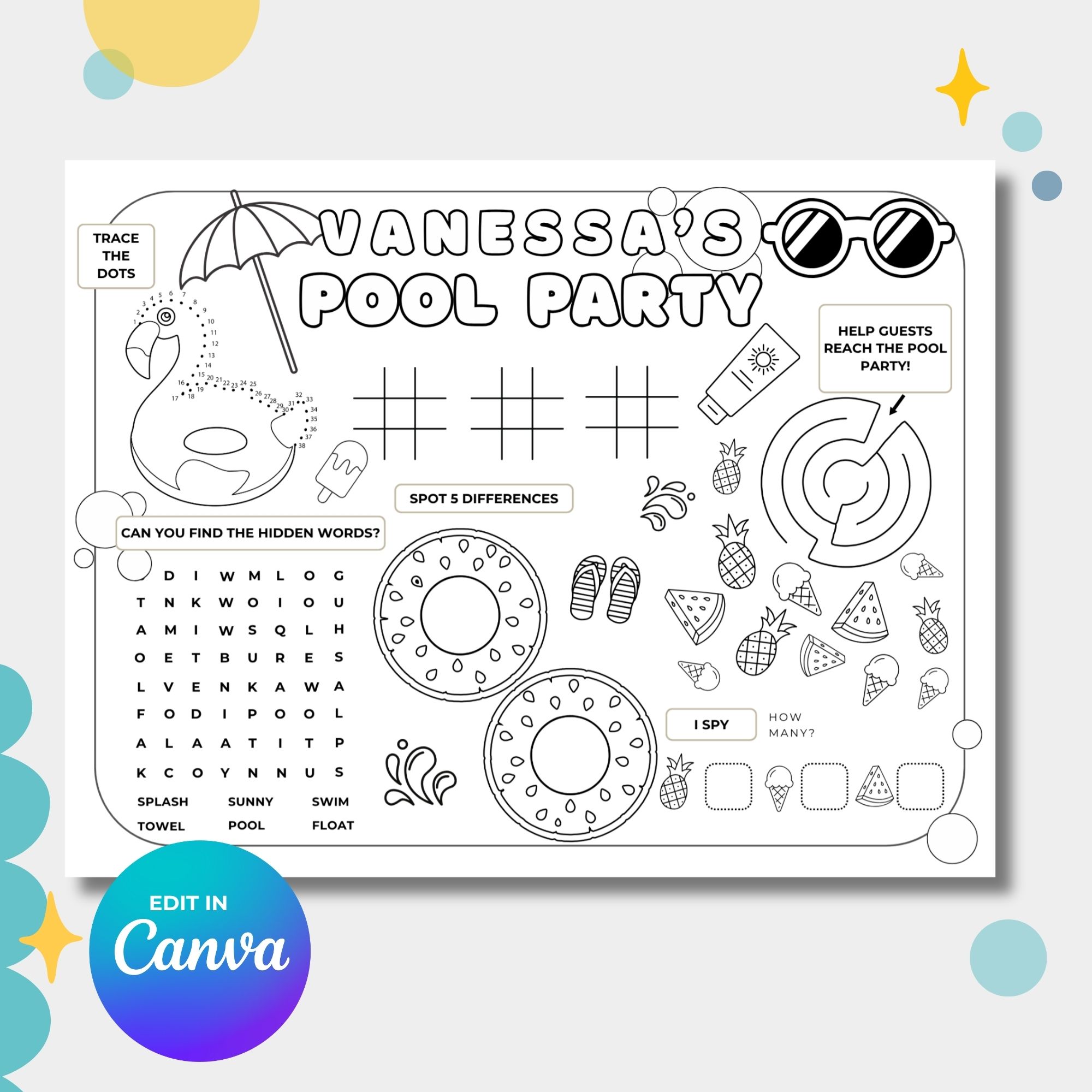 Pool Birthday Party Games & Activities Sheet