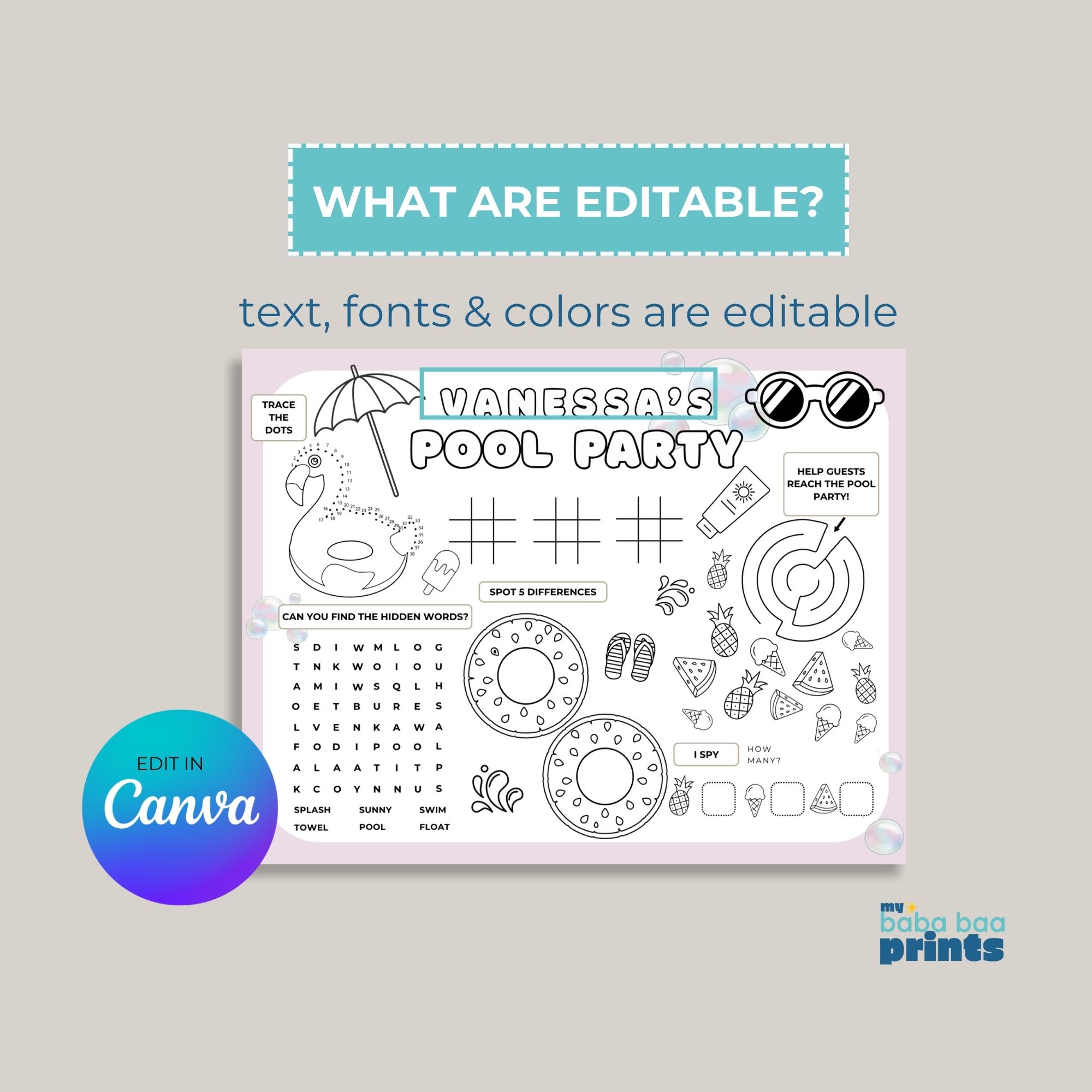 Pool Birthday Party Games & Activities Sheet