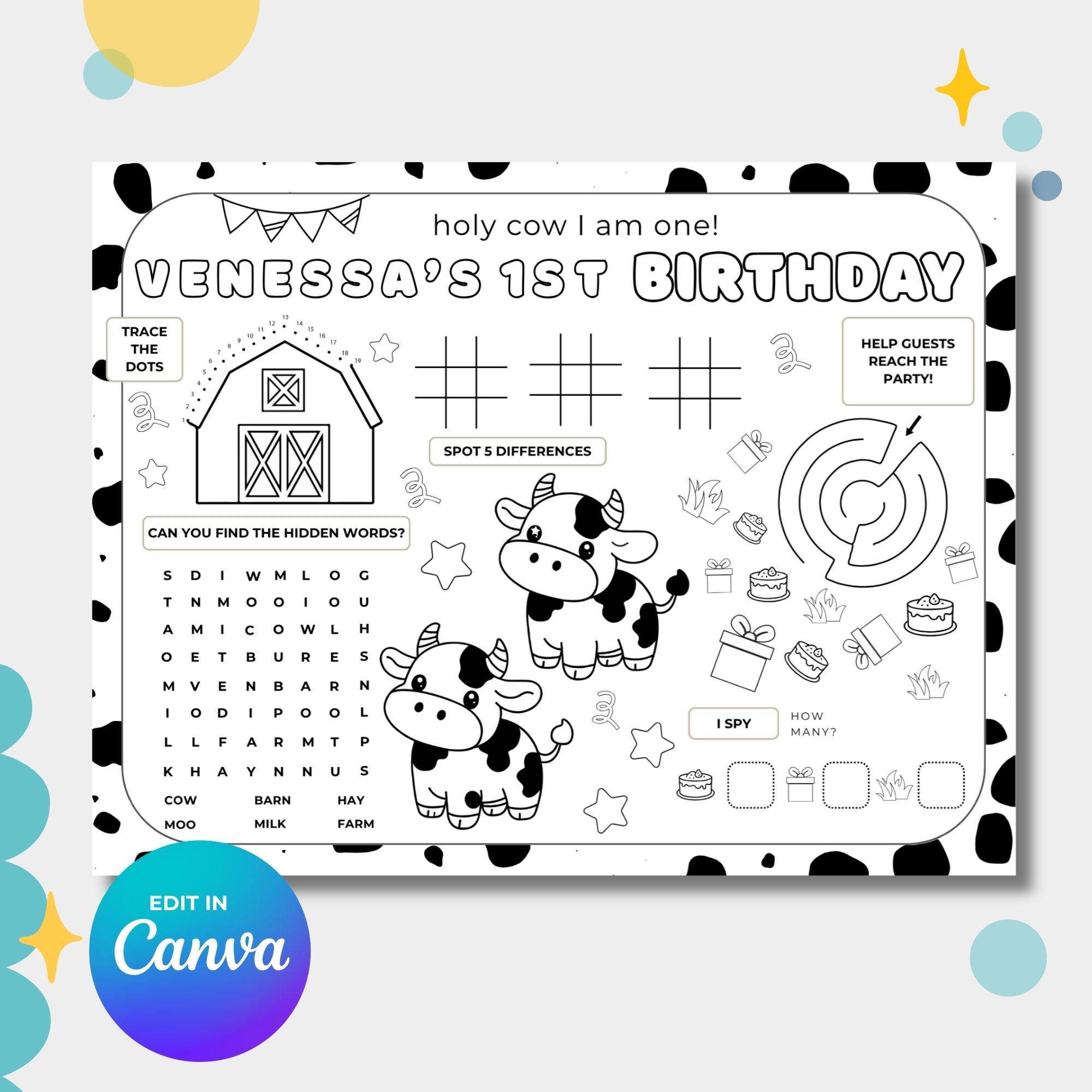 Holy Cow First Birthday Party Games & Activities Sheet