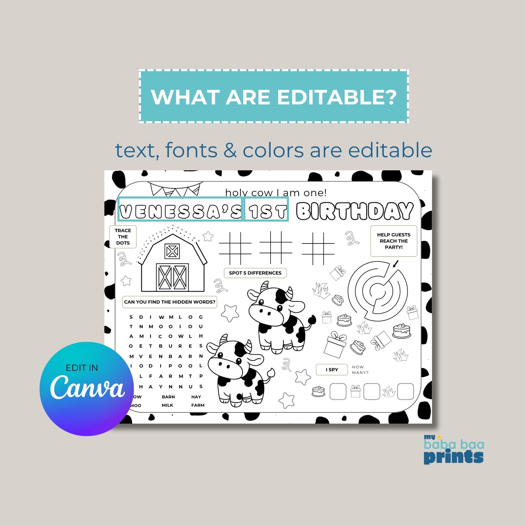 Holy Cow First Birthday Party Games & Activities Sheet