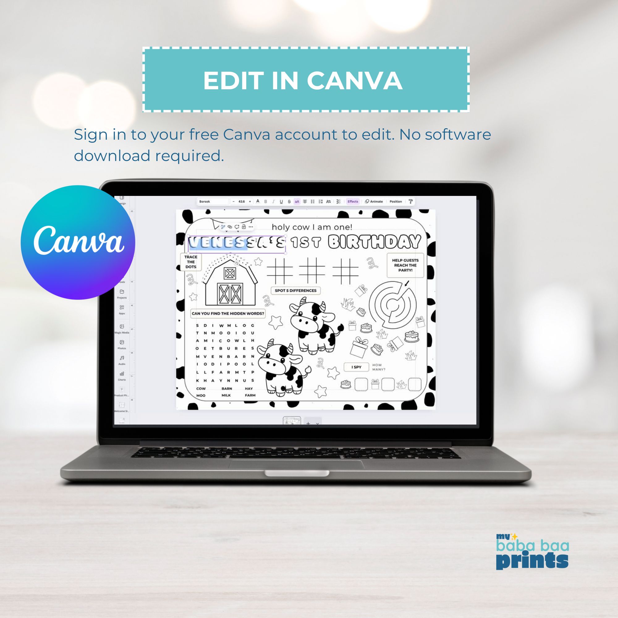 Holy Cow First Birthday Party Games & Activities Sheet