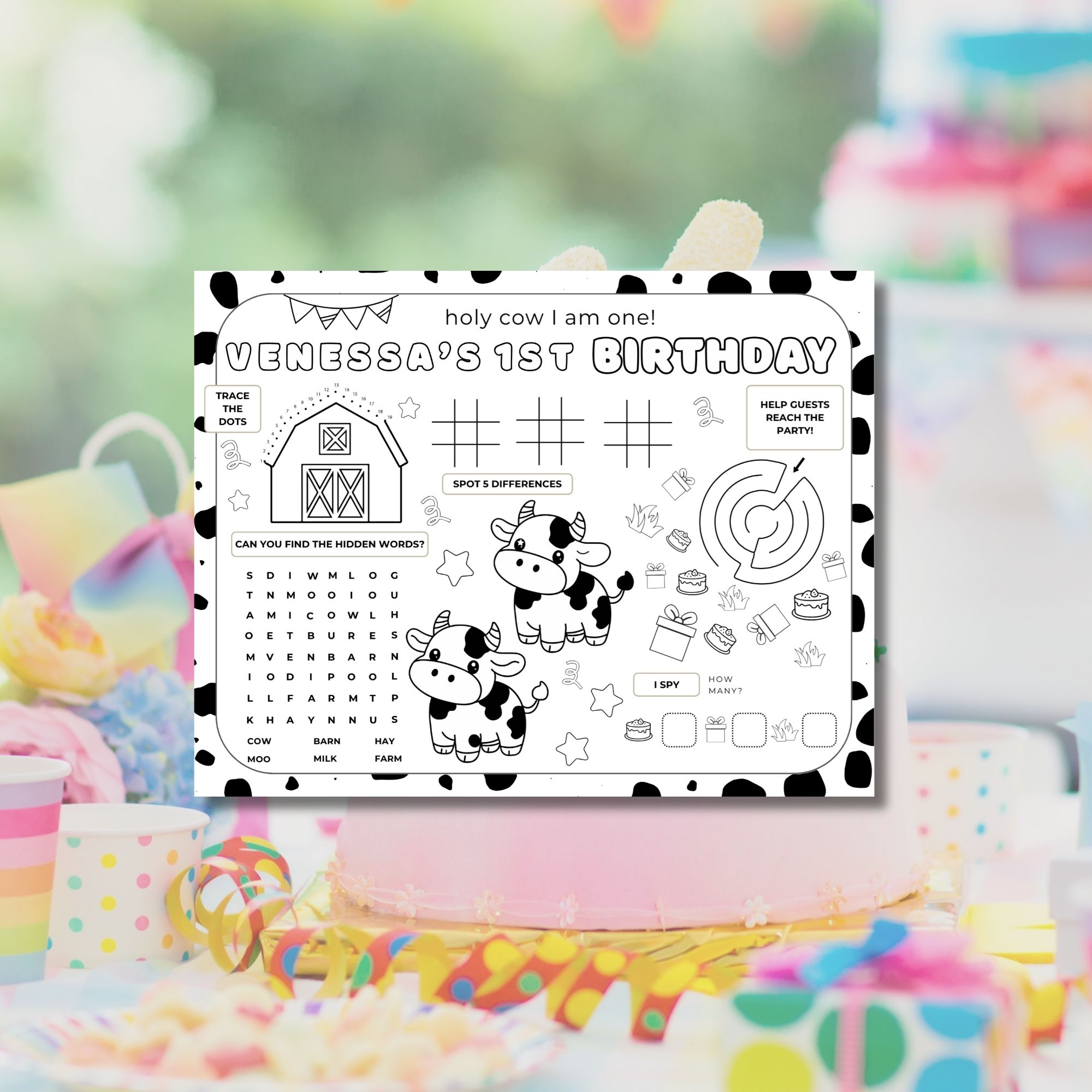 Holy Cow First Birthday Party Games & Activities Sheet