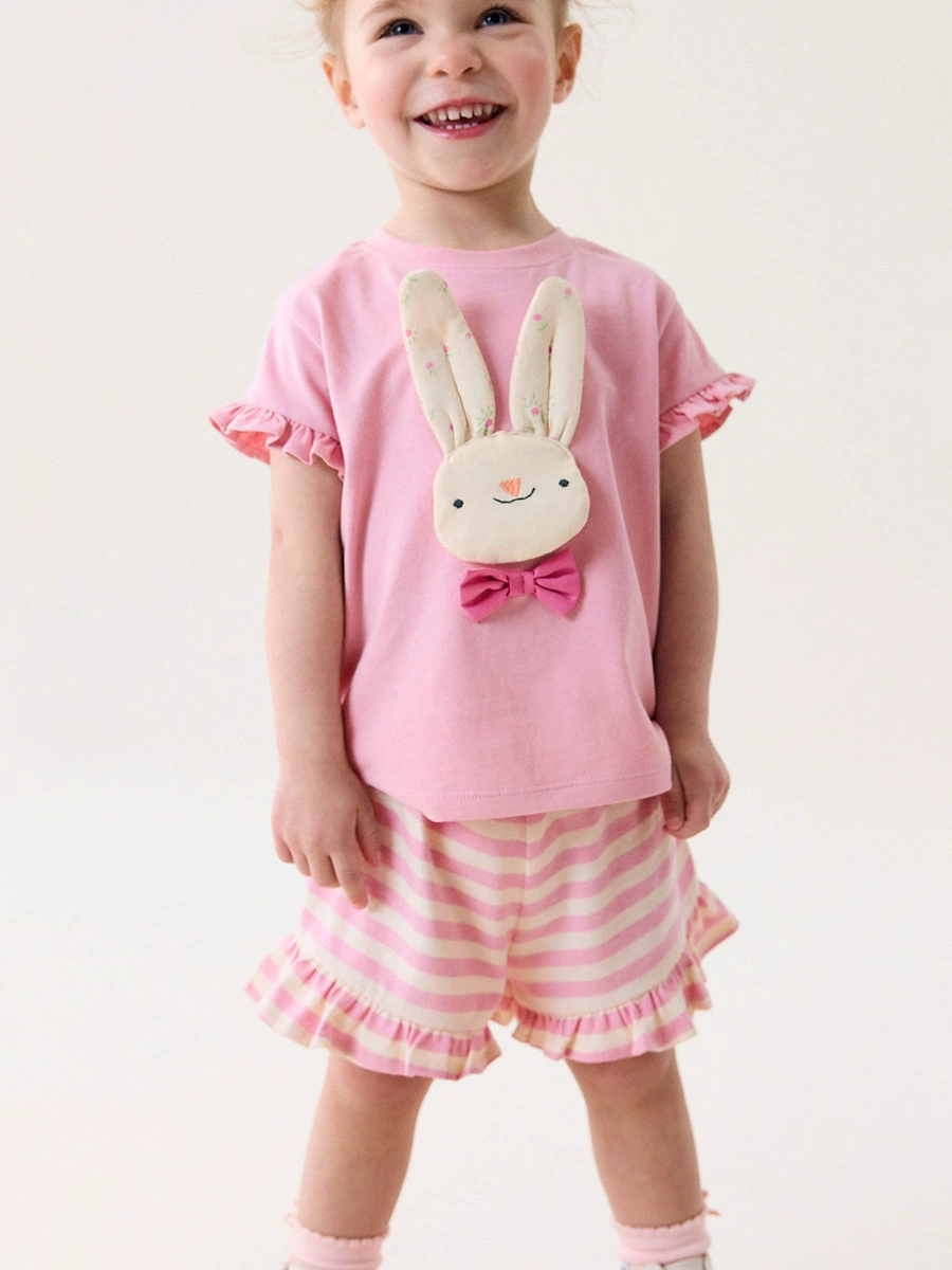 Cute children's summer short-sleeved girls' set cartoon striped children's clothing wholesale