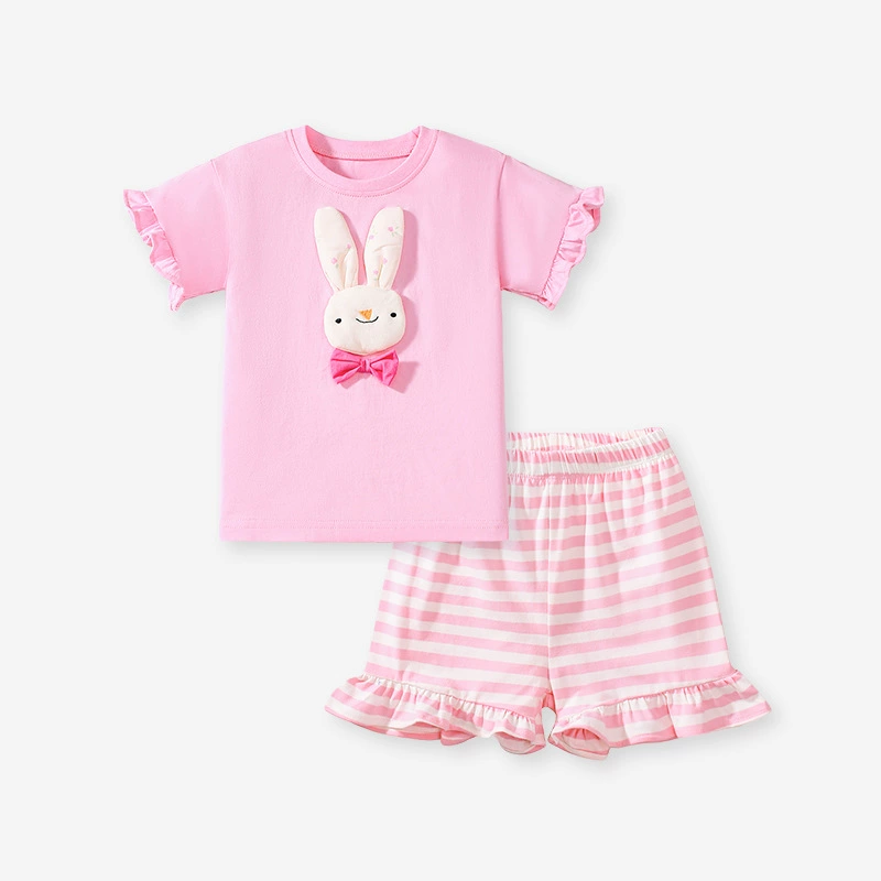Cute children's summer short-sleeved girls' set cartoon striped children's clothing wholesale