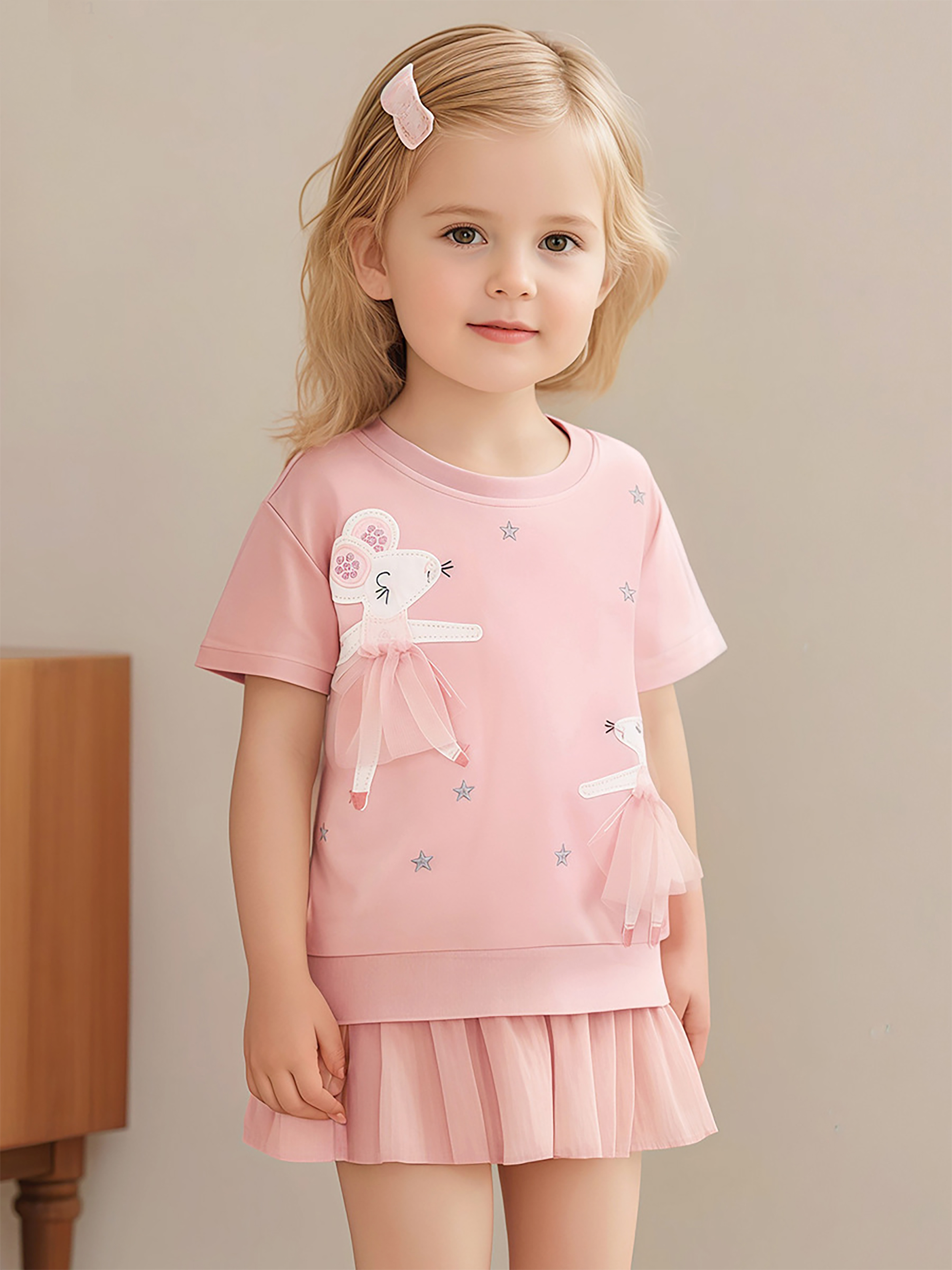 Girls' net-sleeved summer cute cartoon short-sleeved children's dress